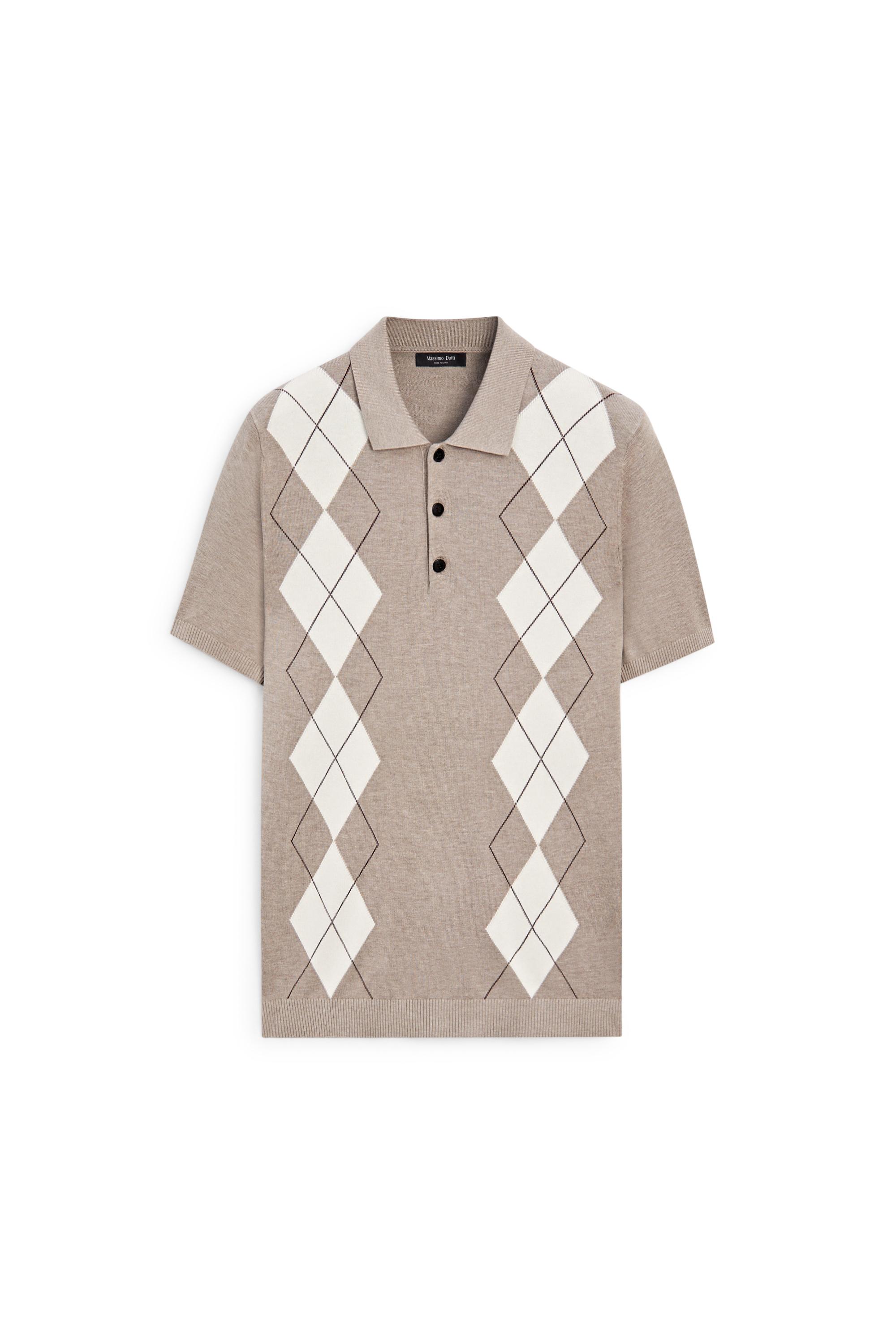 Cotton blend diamond pattern short sleeve polo shirt — BEIGE MARL