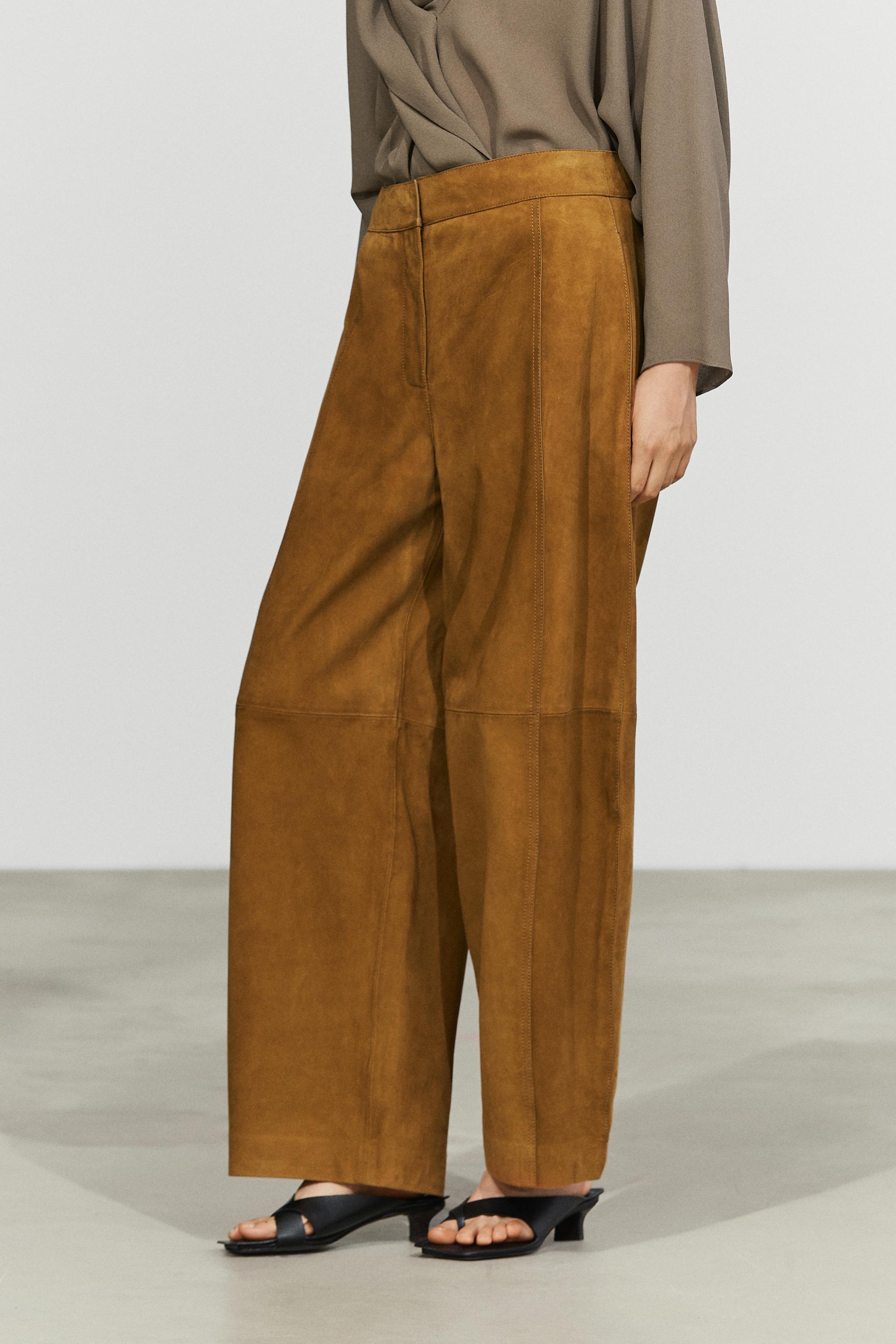 Suede goatskin barrel fit pants — DARK CAMEL