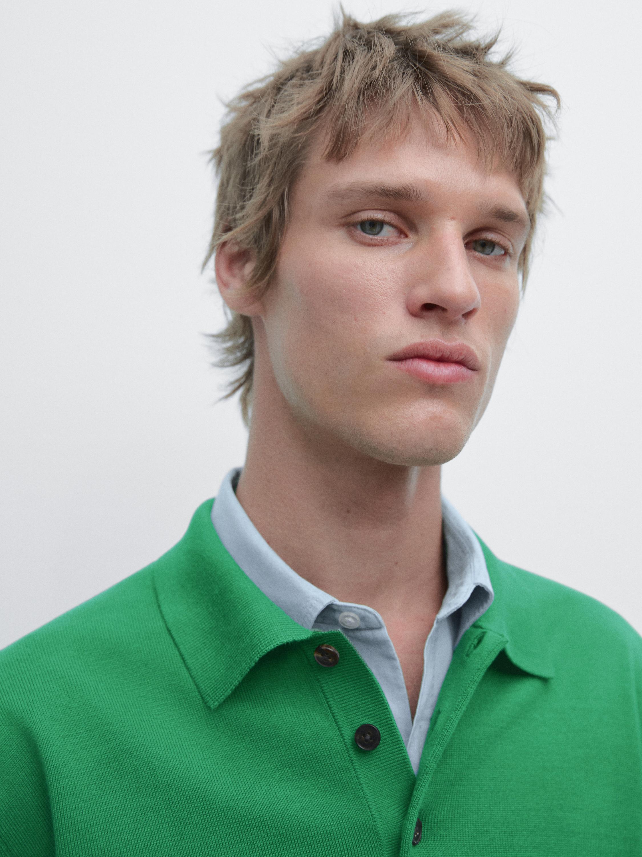 Cotton knit polo collar sweater — Green billiard