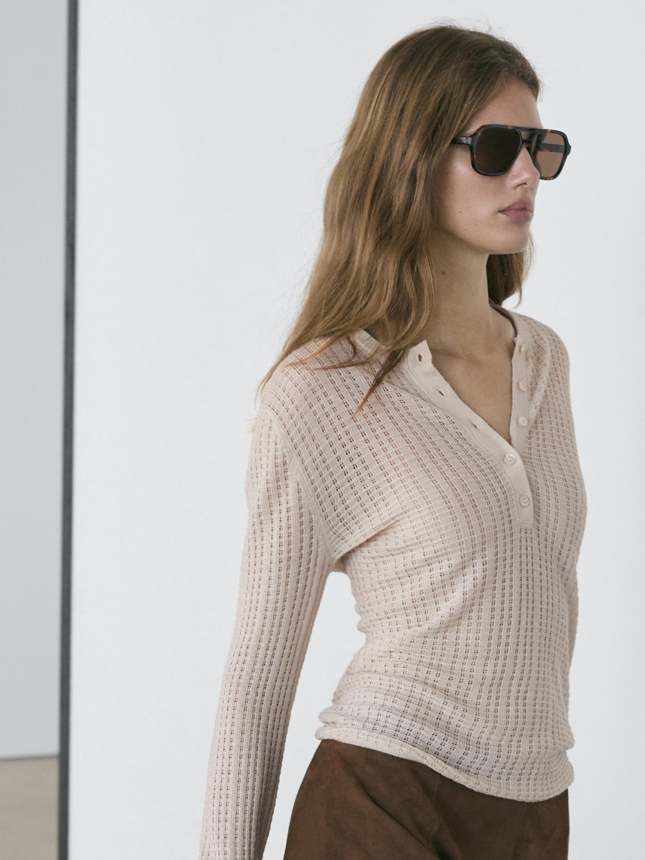Cutwork wool blend henley sweater — CREAM