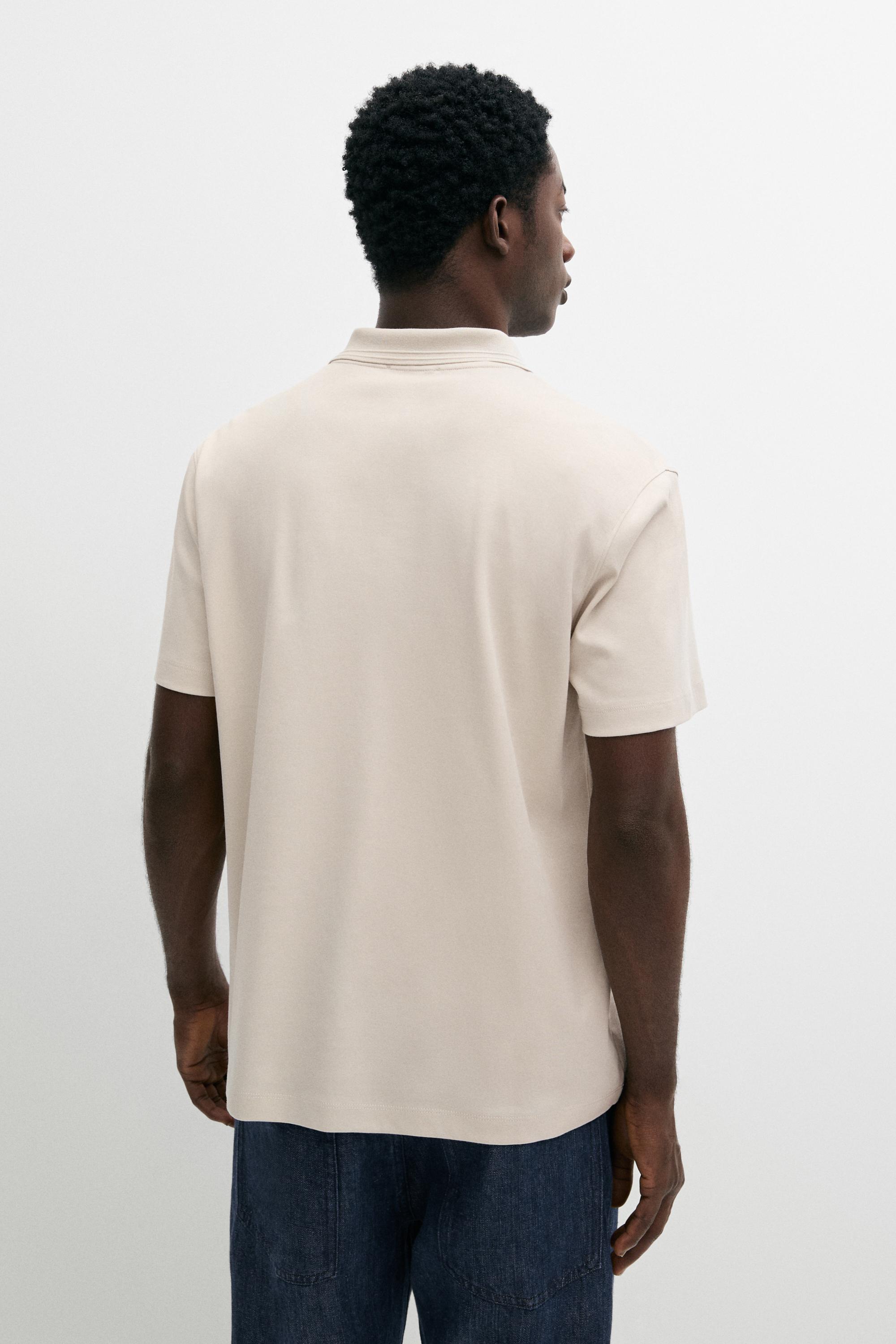 100% cotton V-neck knit polo — STONE