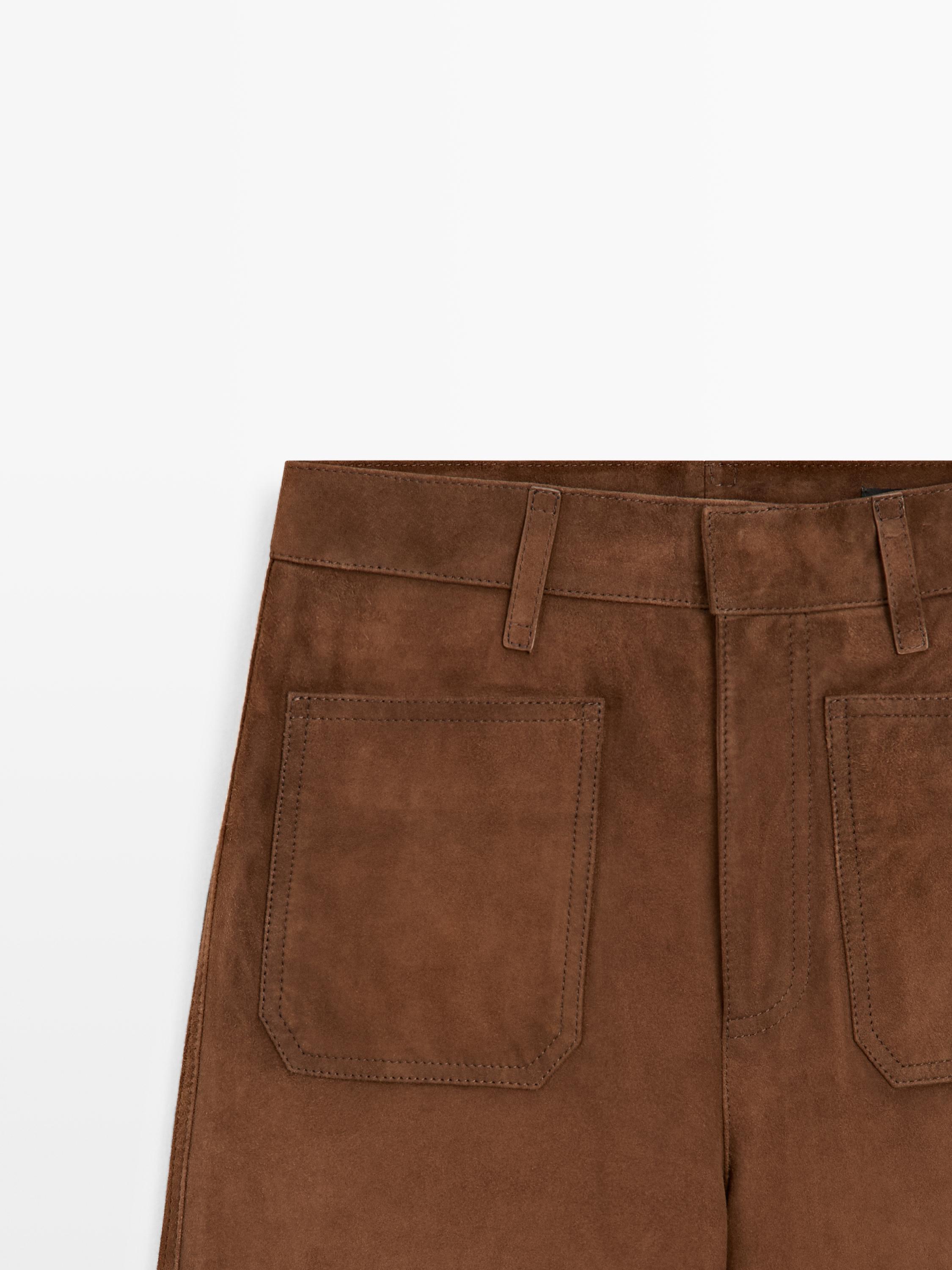 Suede leather wide-leg trousers with pockets — BROWN (alternate view)