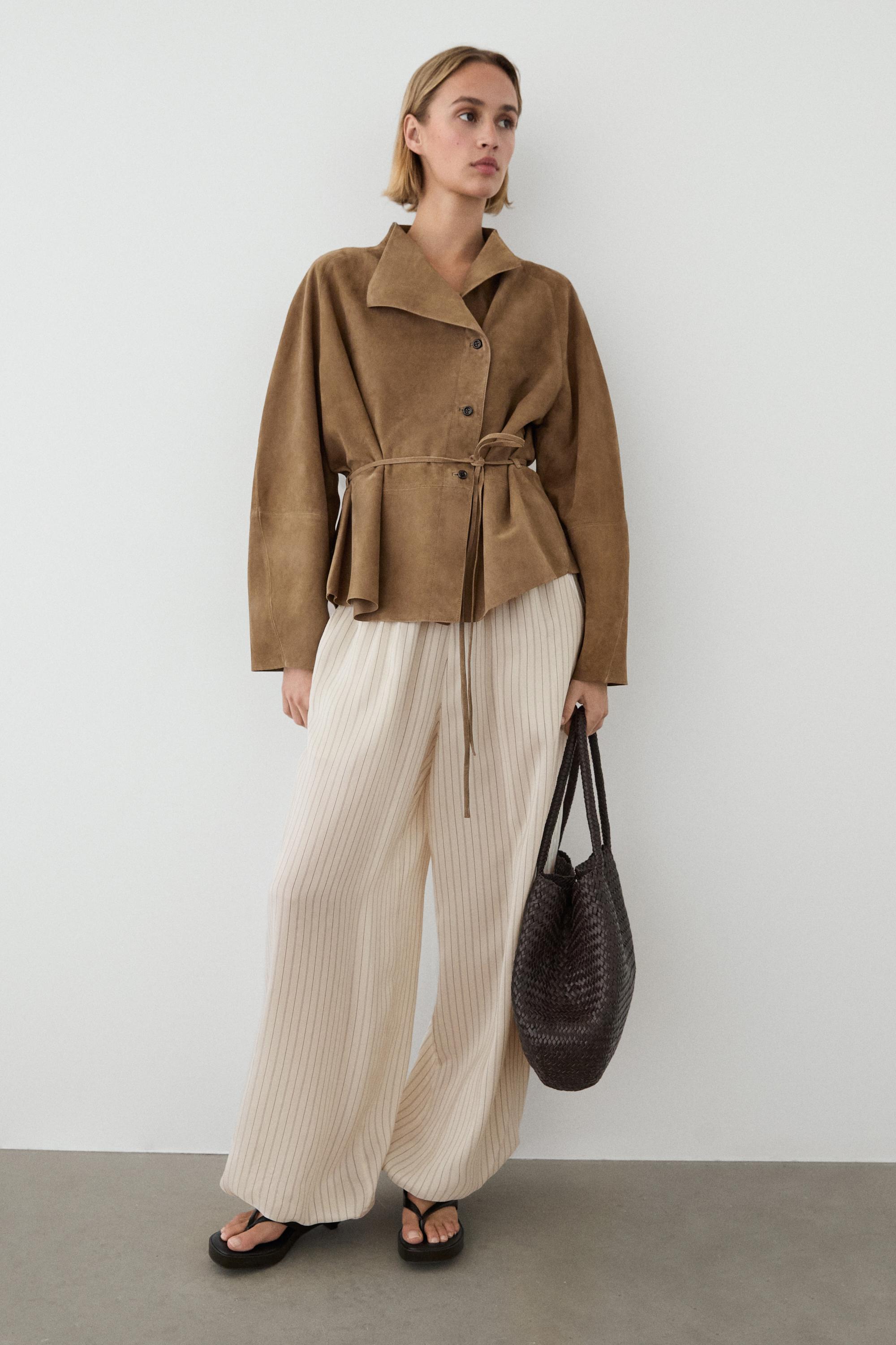 Suede leather jacket with drawstring — SAND