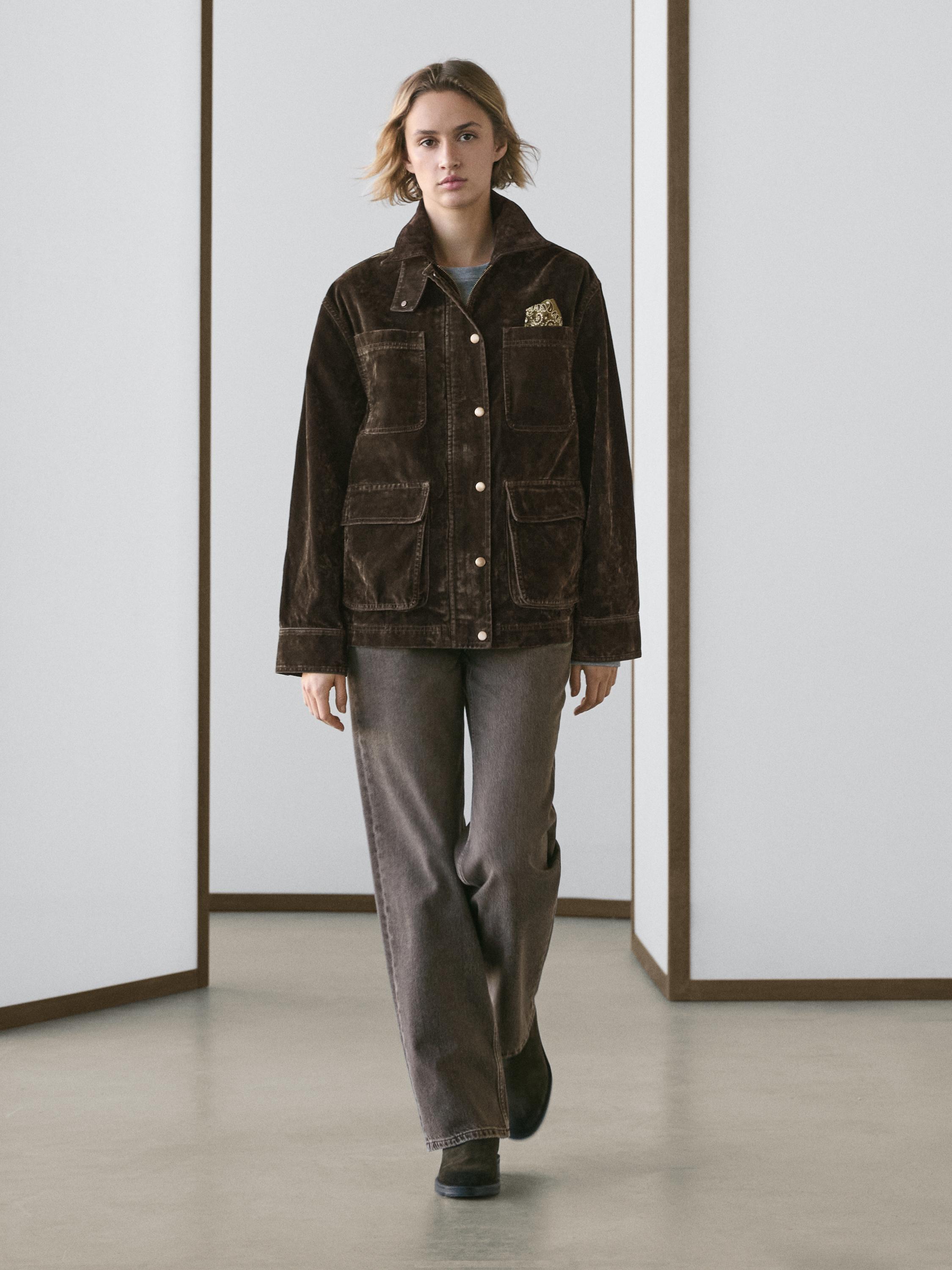 Flocked denim jacket with collar detail — KHAKI