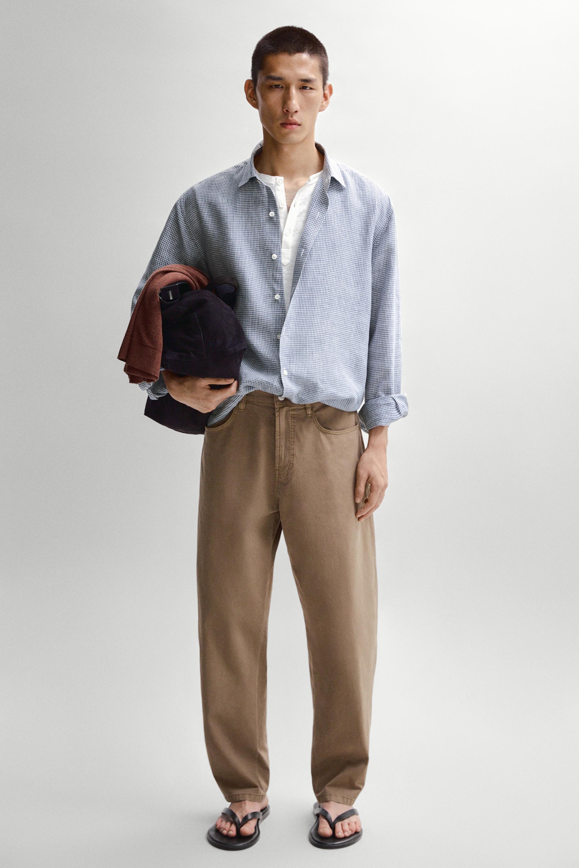 100% linen regular fit gingham shirt — NAVY BLUE