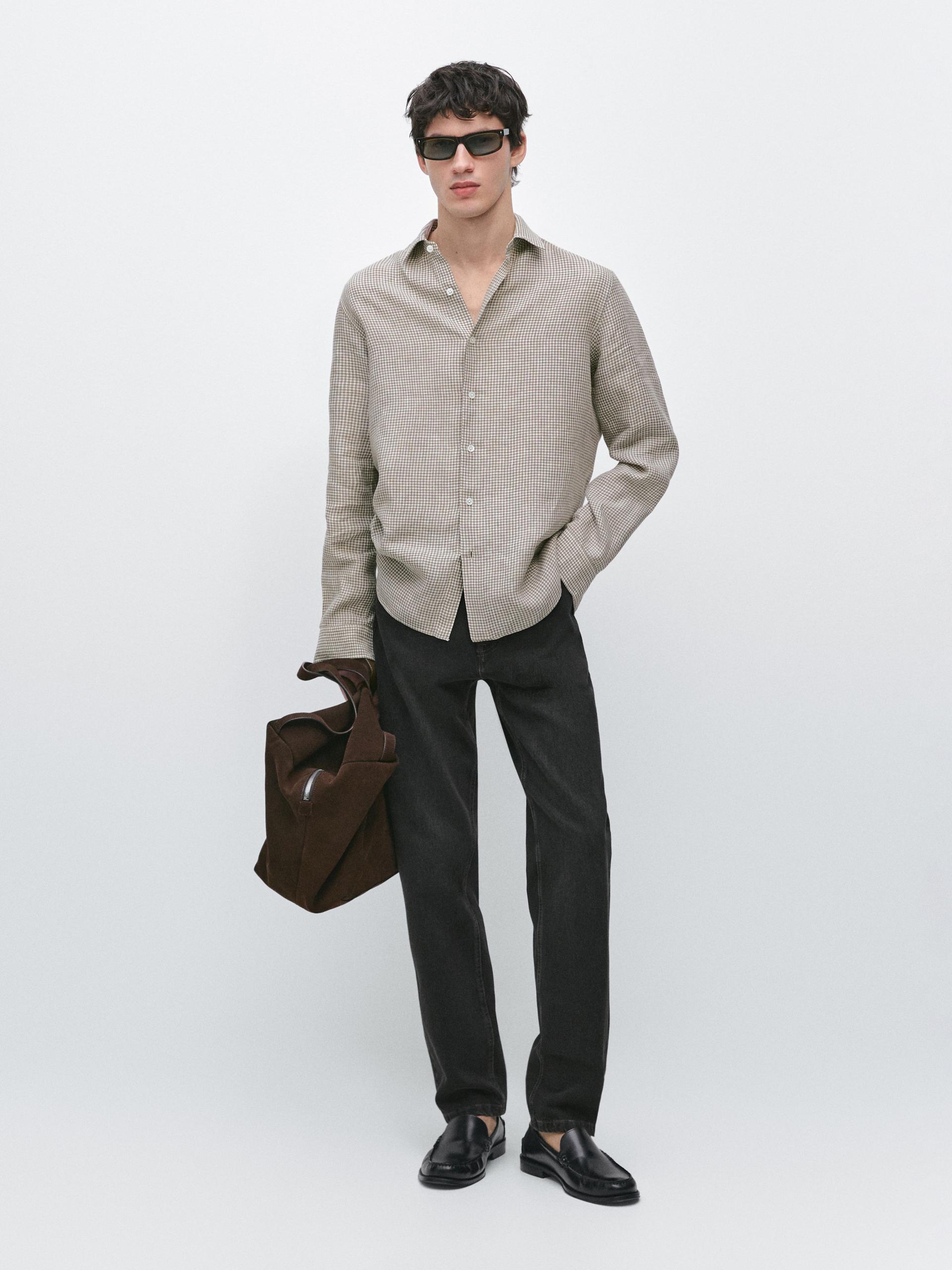 Camicia A Quadri 100% Lino - Marrone - S - Massimo Dutti - Maschile