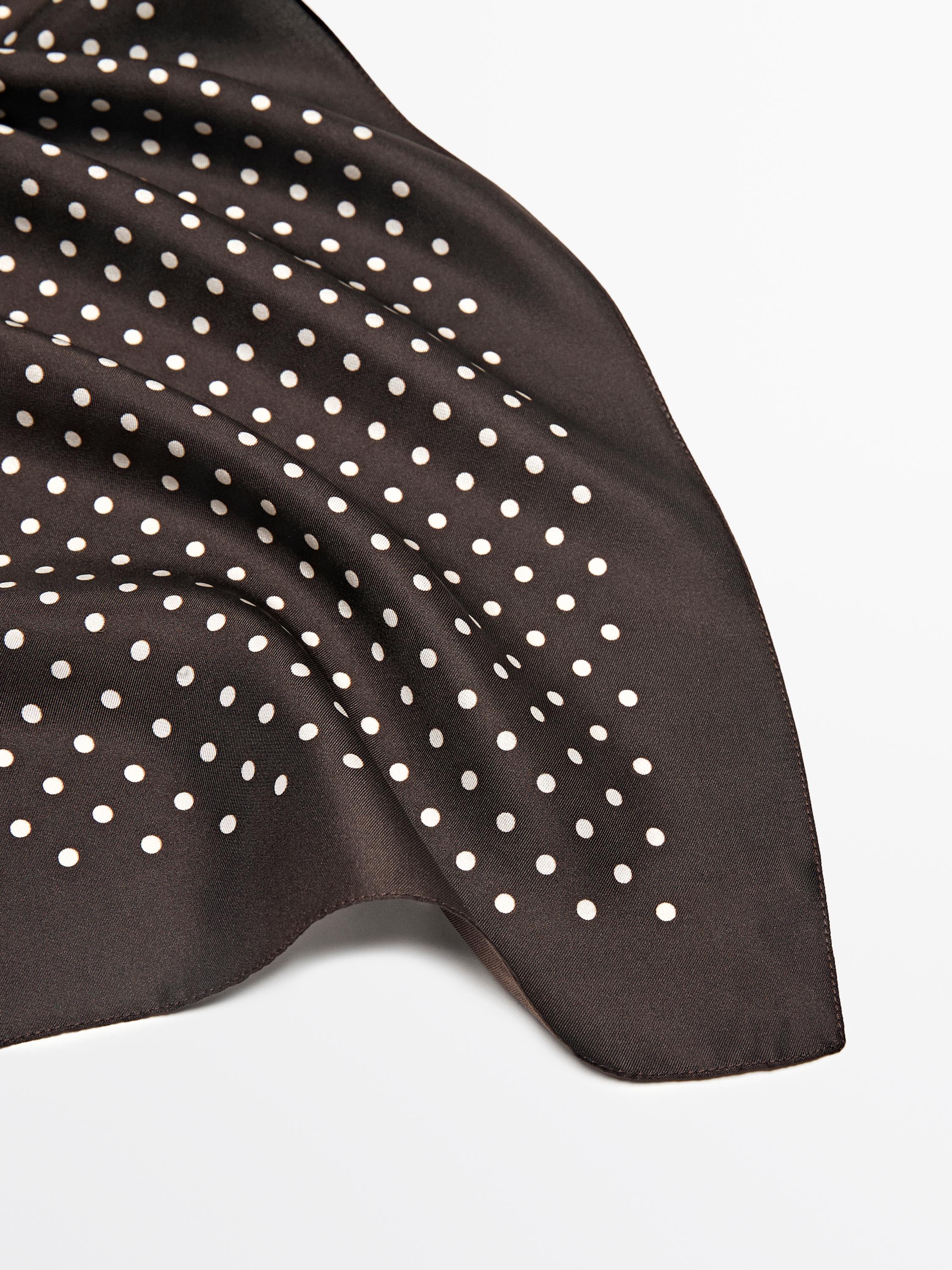 Polka dot print 100% silk scarf — BROWN