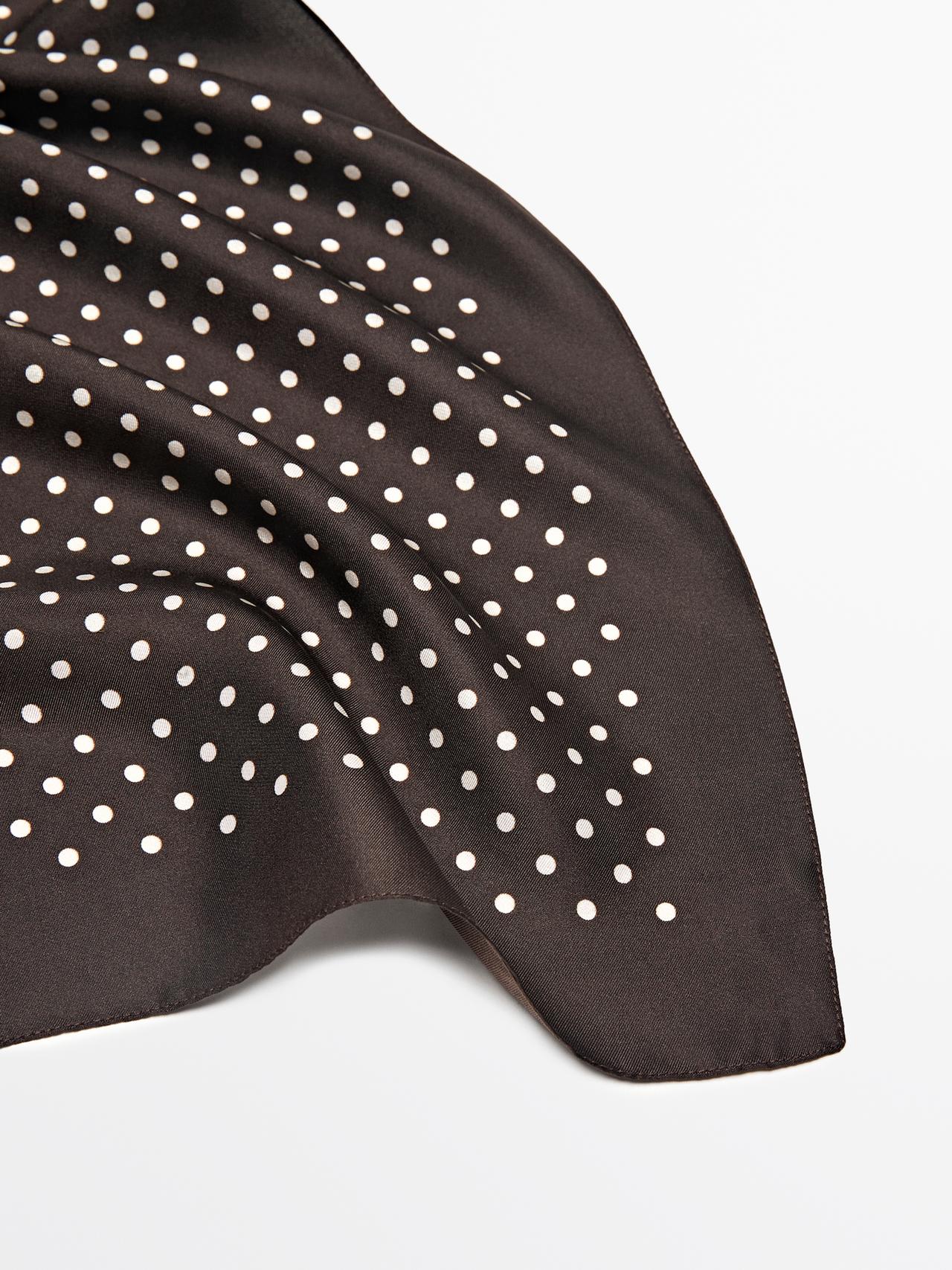 Polka dot print 100% silk scarf — BROWN