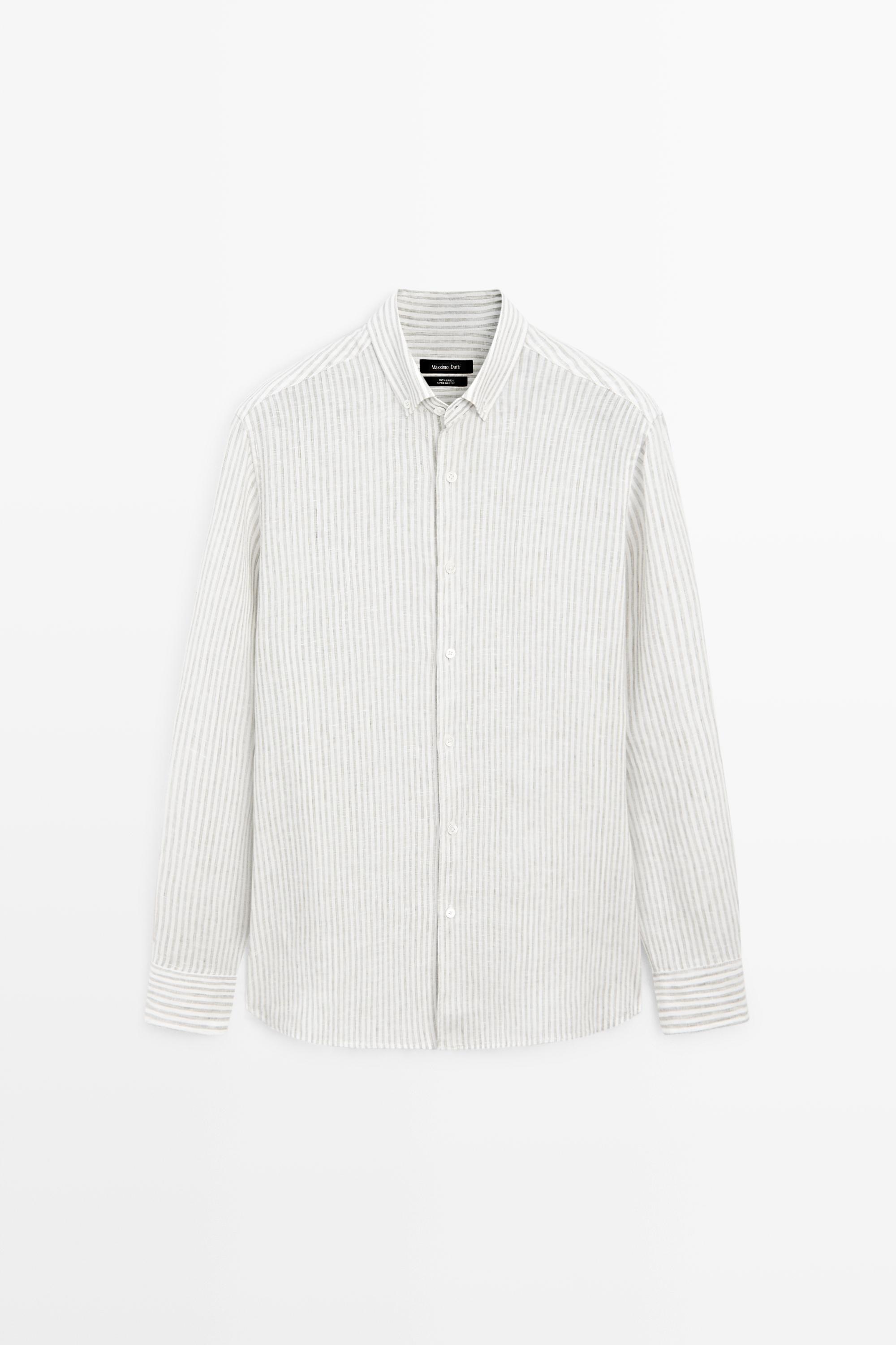 100% linen pinstriped slim fit shirt — GREEN