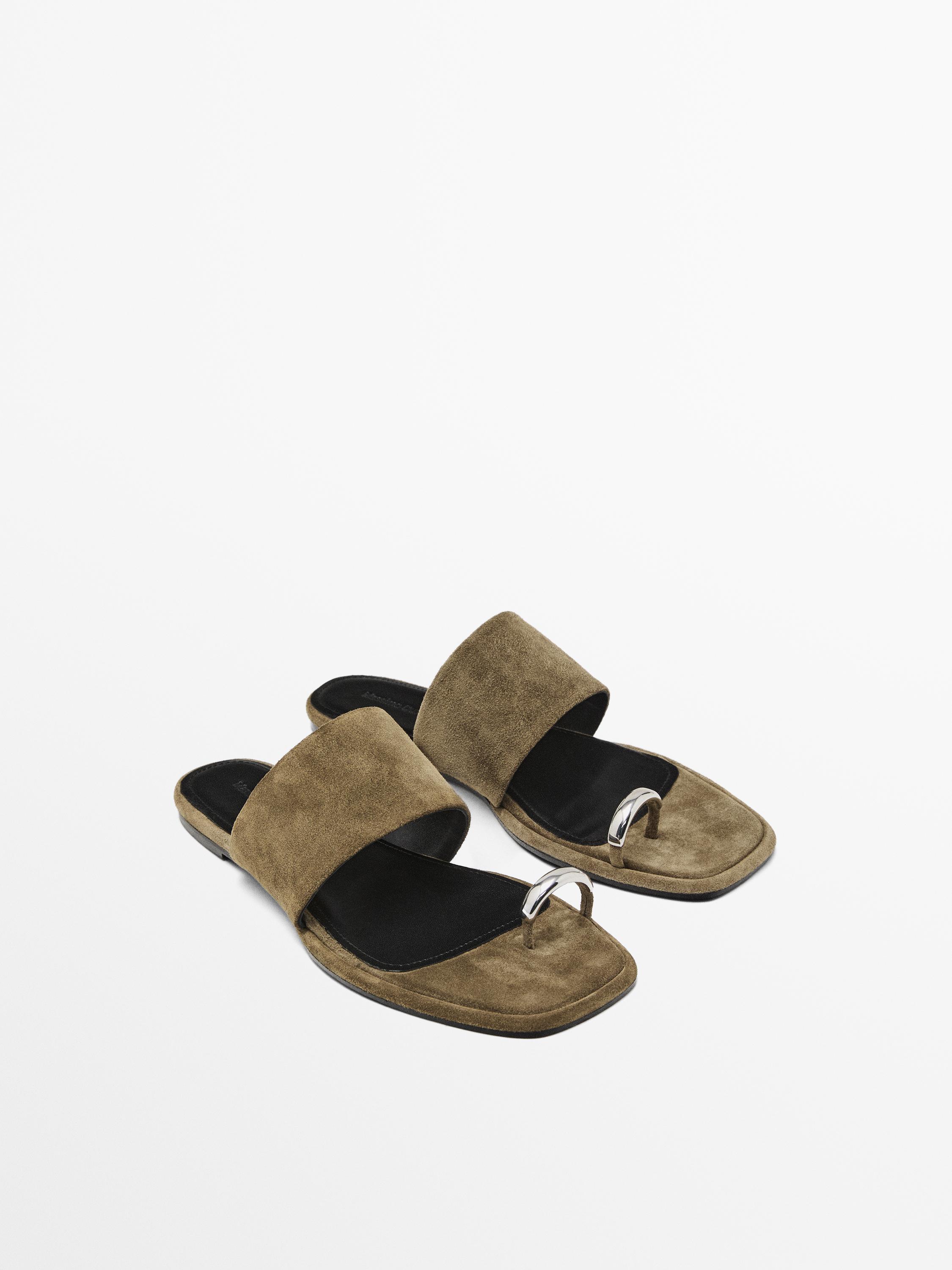 Split suede flat slider sandals with ring detail