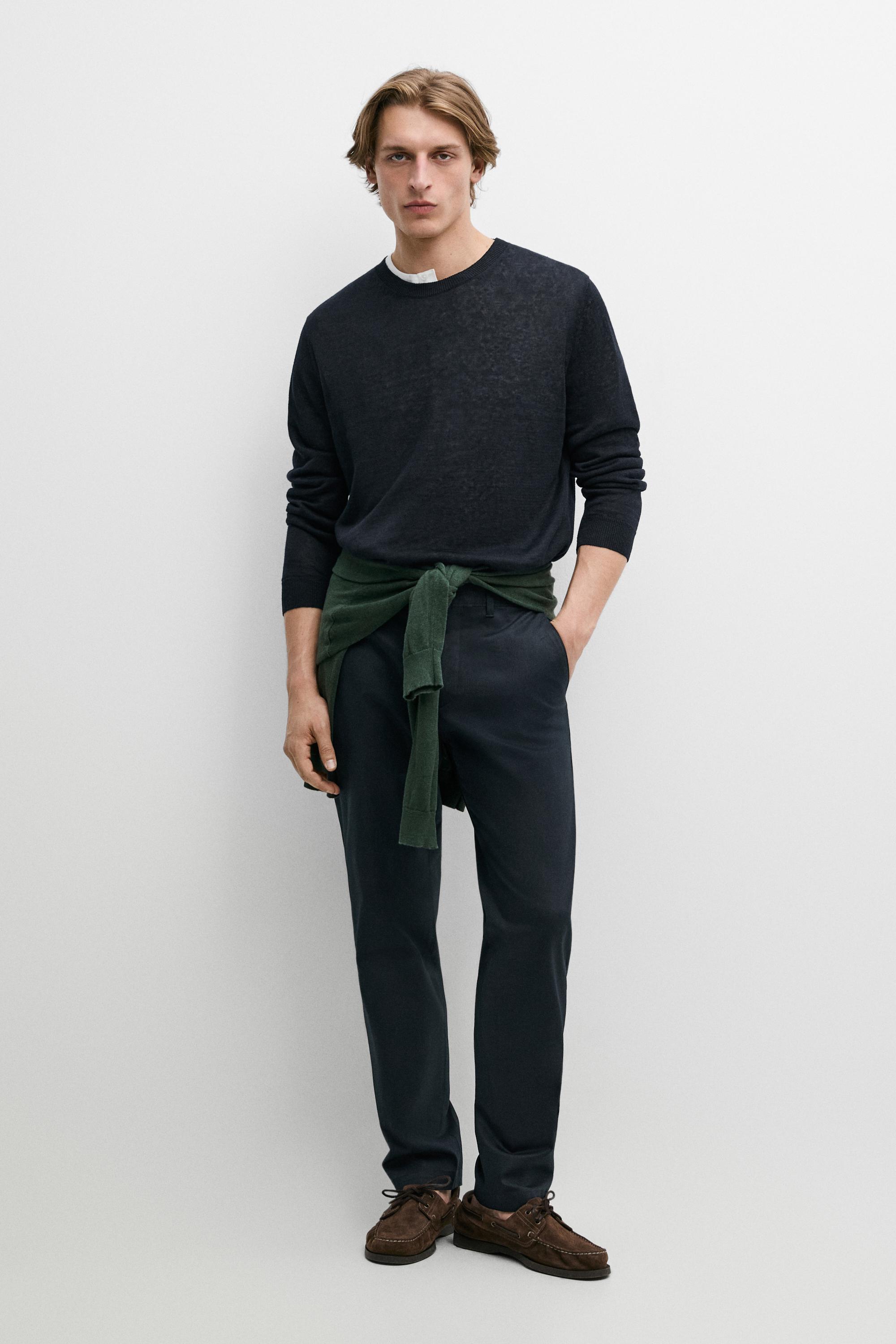 Cotton blend slim fit pants — NAVY BLUE