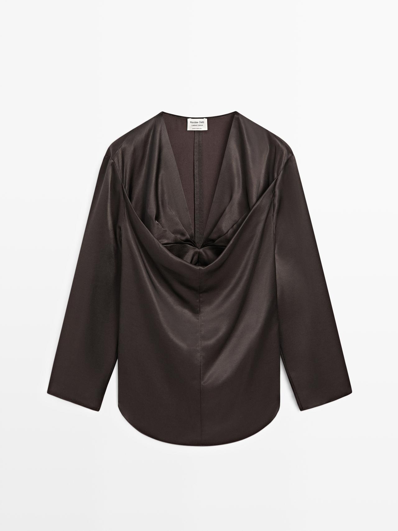 Massimo Dutti - Dame - Satinbluse Med Hals-Detaljer - Limited - Chokolade - S