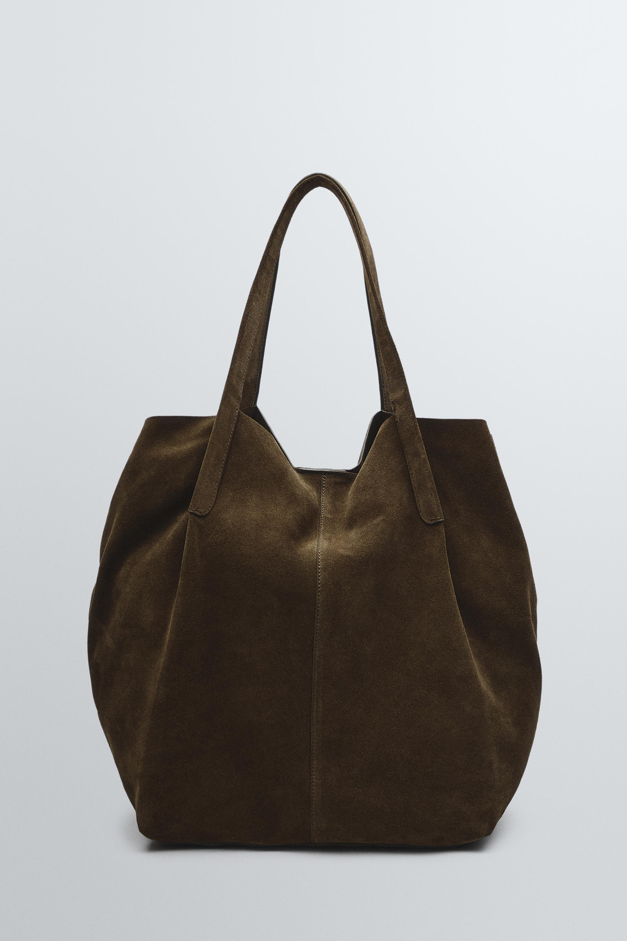 Split suede leather tote bag — KHAKI