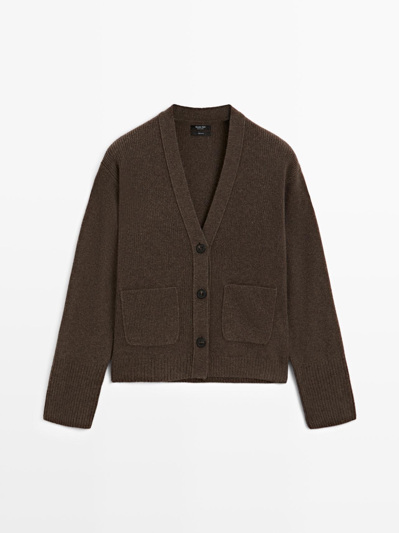 Massimo Dutti - Dame - Strikket Cardigan I 100% Uld Med Lommer - Brændt - S