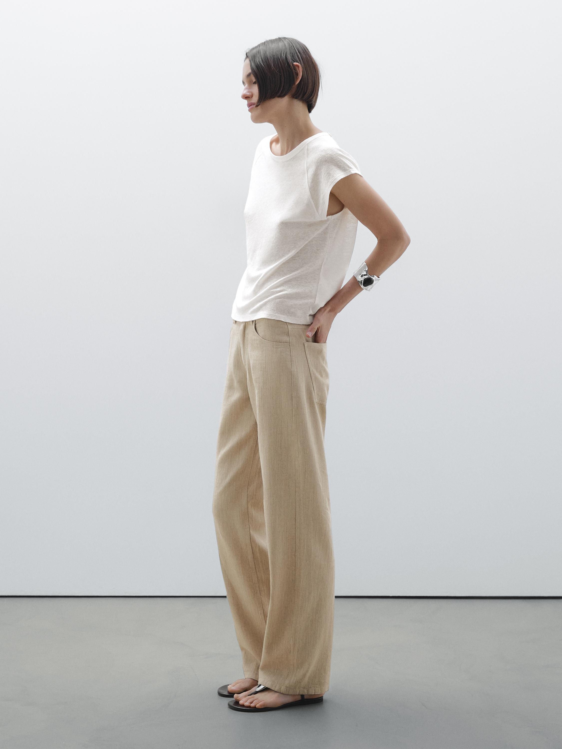 Straight fit linen blend trousers