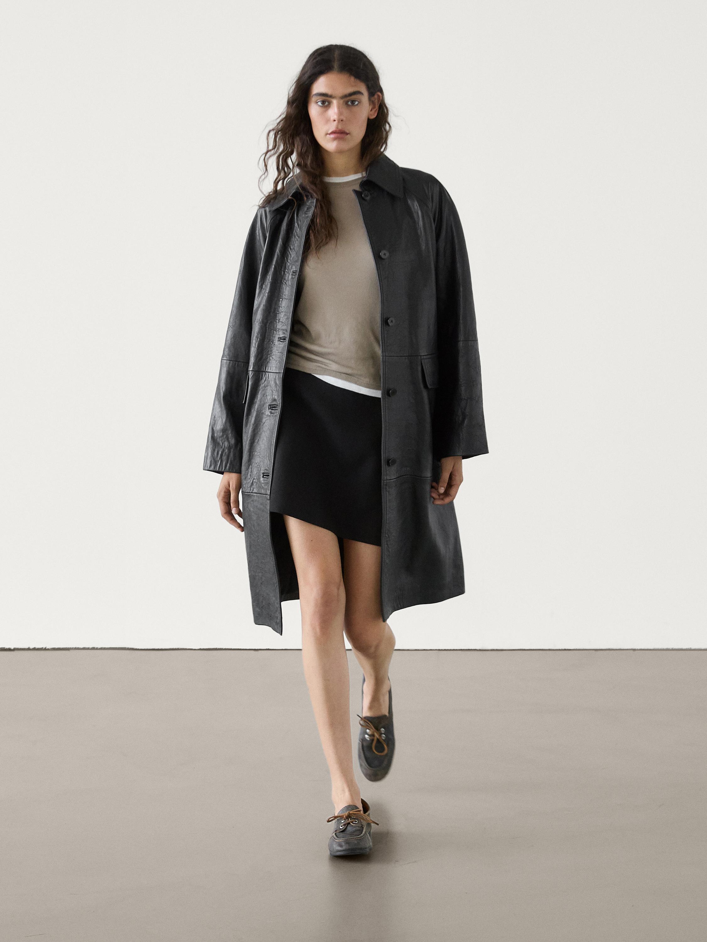 Long textured nappa leather coat with pockets