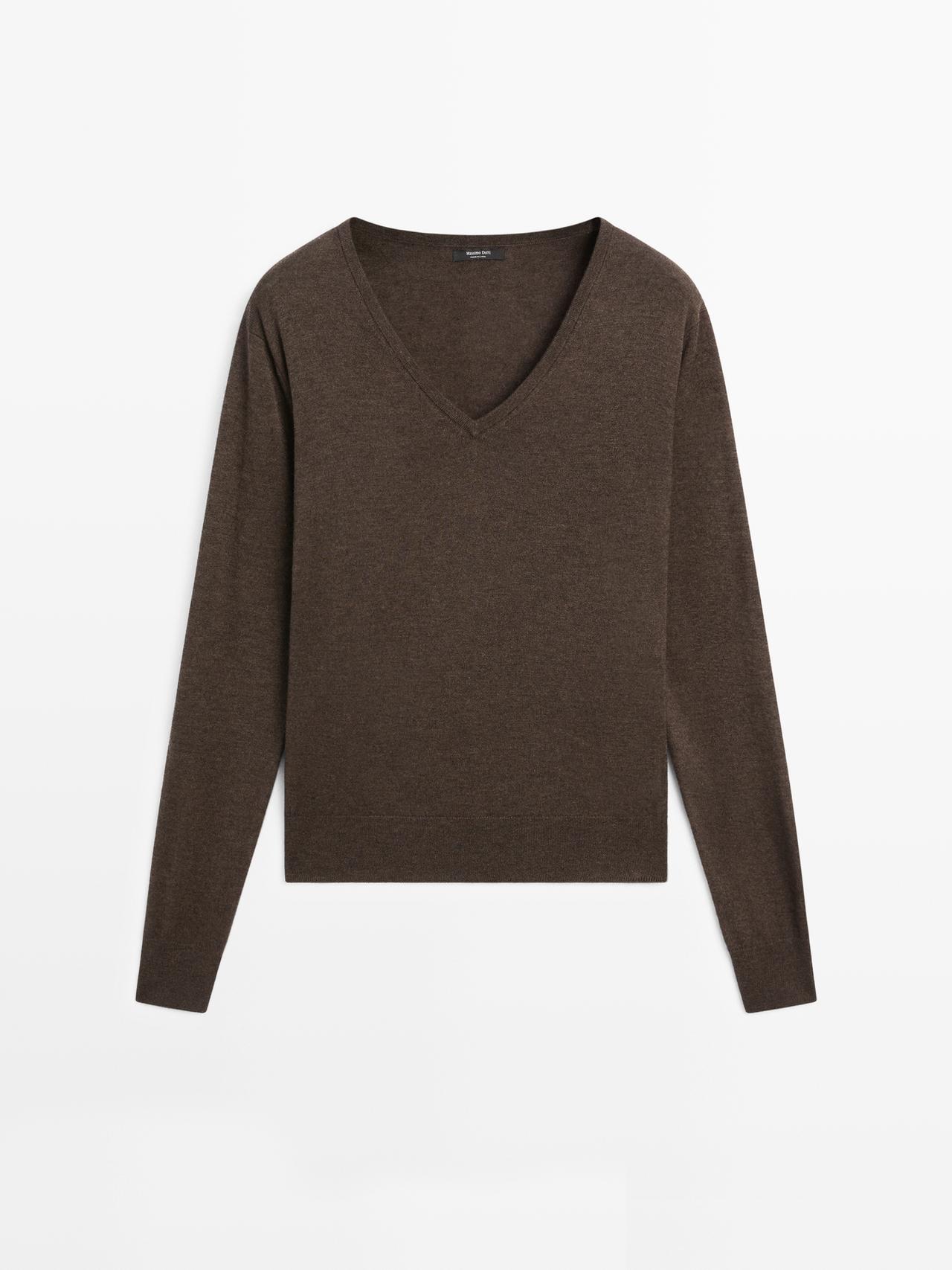 Pull Laine En Maille À Col En V - Chocolat - S - Massimo Dutti - Femme