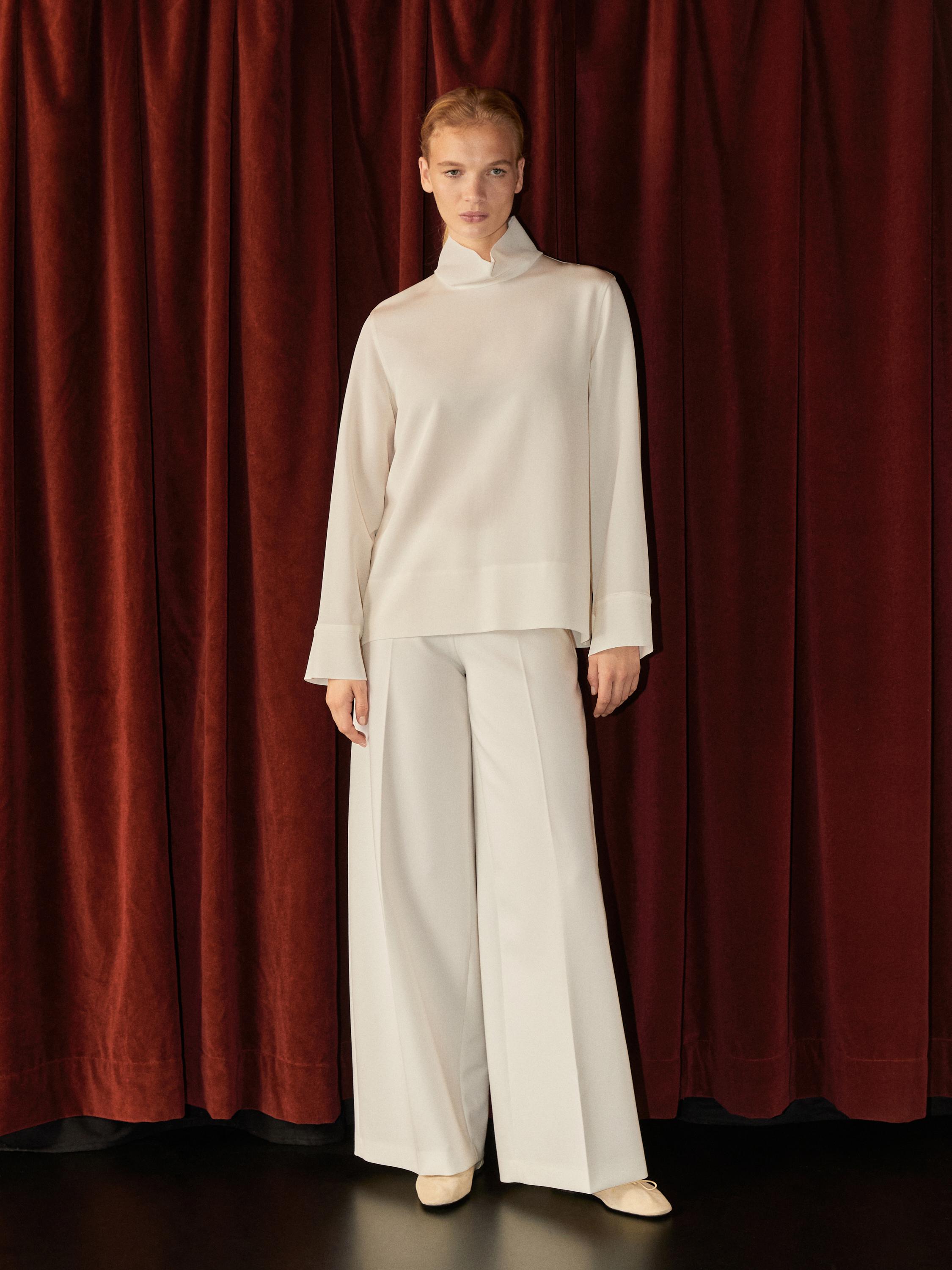 High neck blouse with hem detail — WHITE