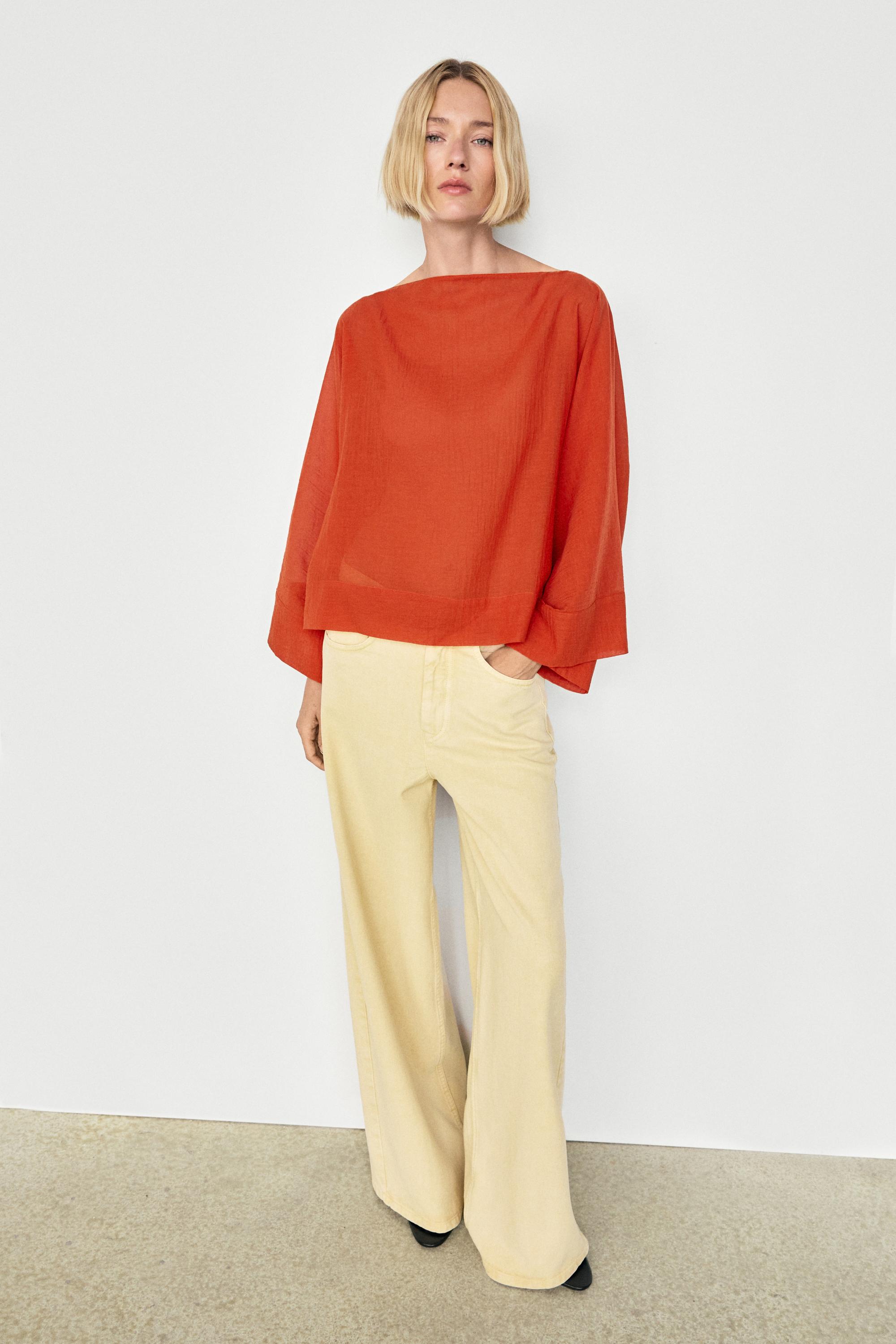 Flowing 100% cotton shirt with voluminous sleeves — BURNT ORANGE