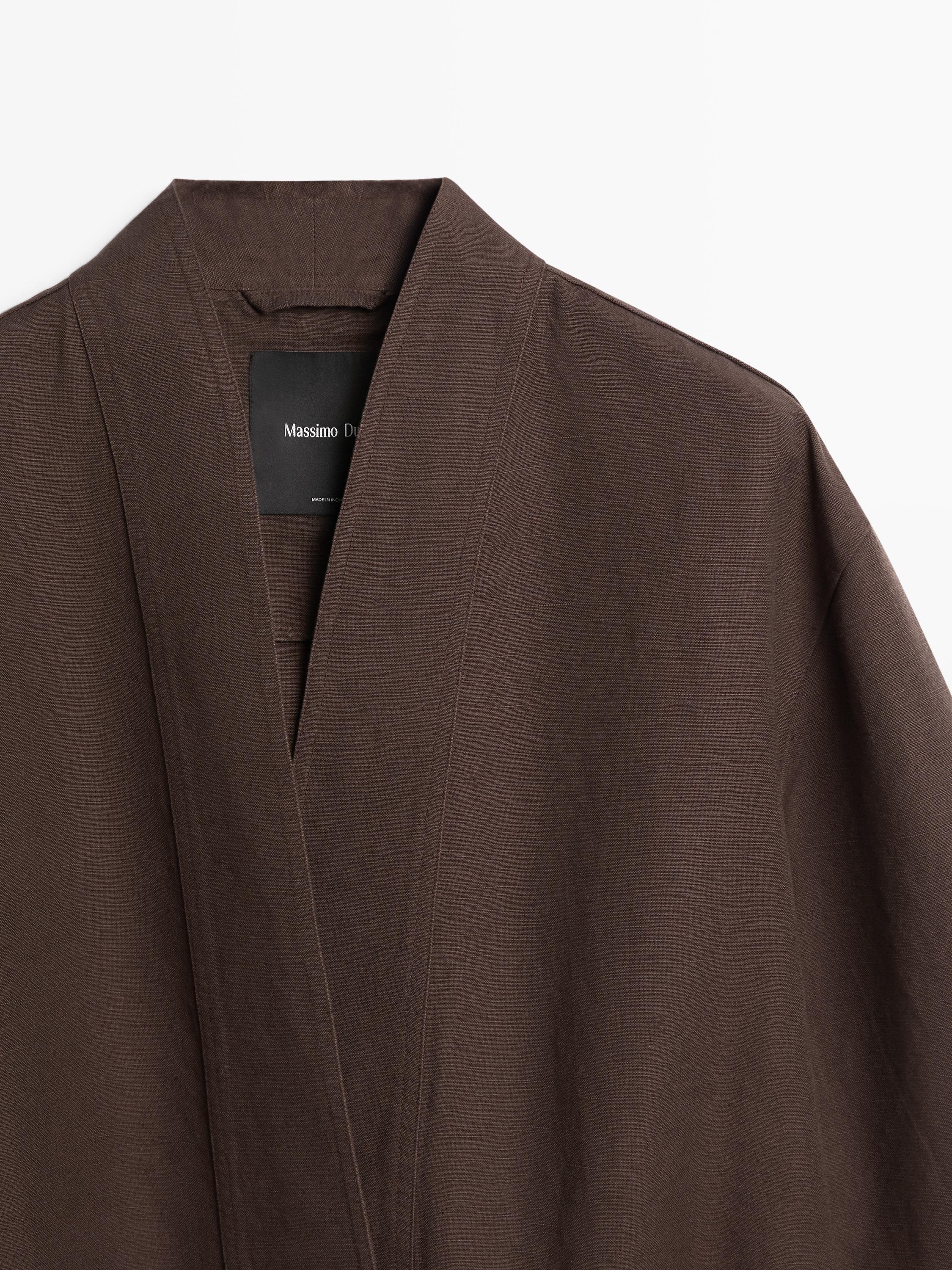 Linen blend kimono jacket with tie detail — Chocolate