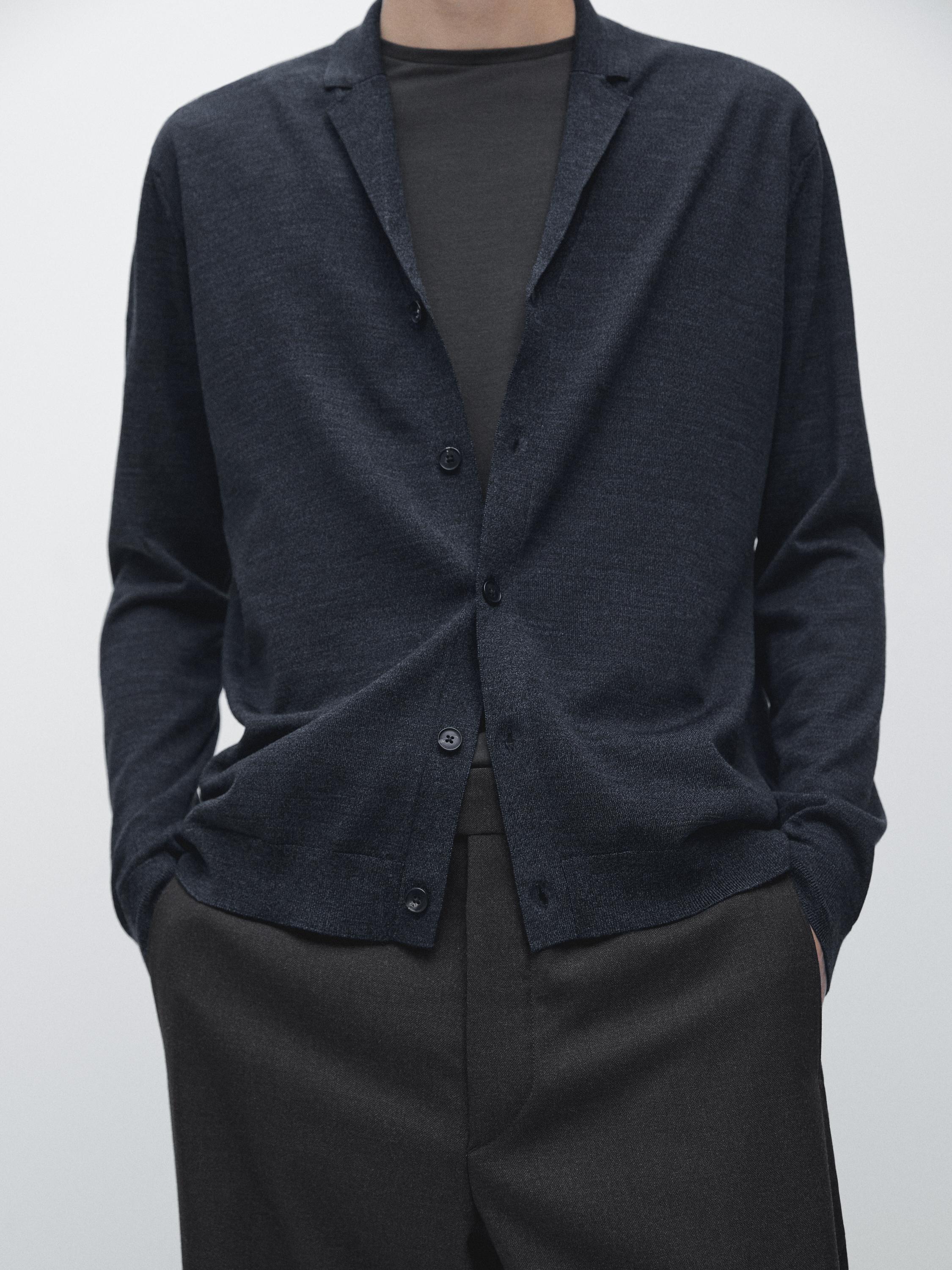 Wool blend knit cardigan with lapel collar — DARK NAVY