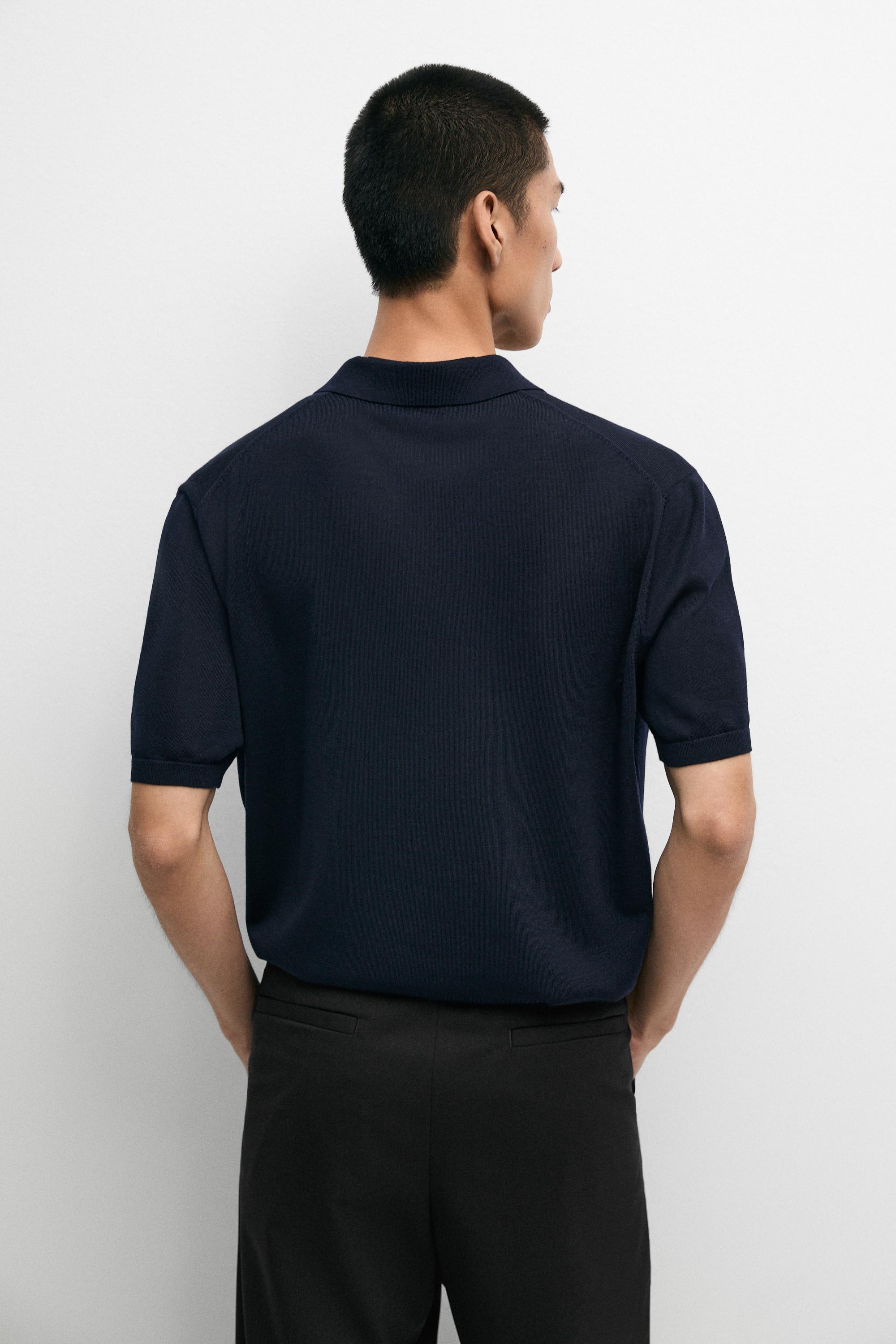 Short sleeve wool blend knit polo shirt — NAVY BLUE