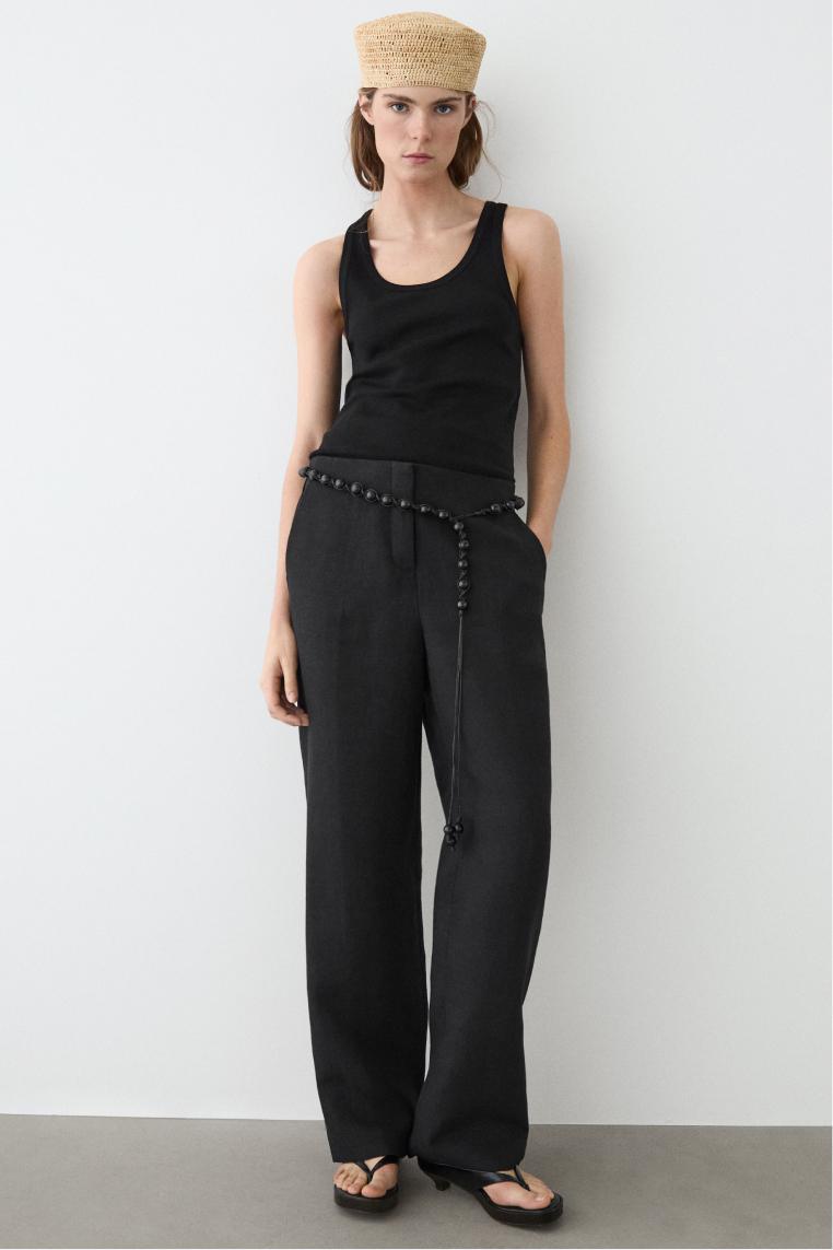 Flowing straight-leg linen trousers — BLACK