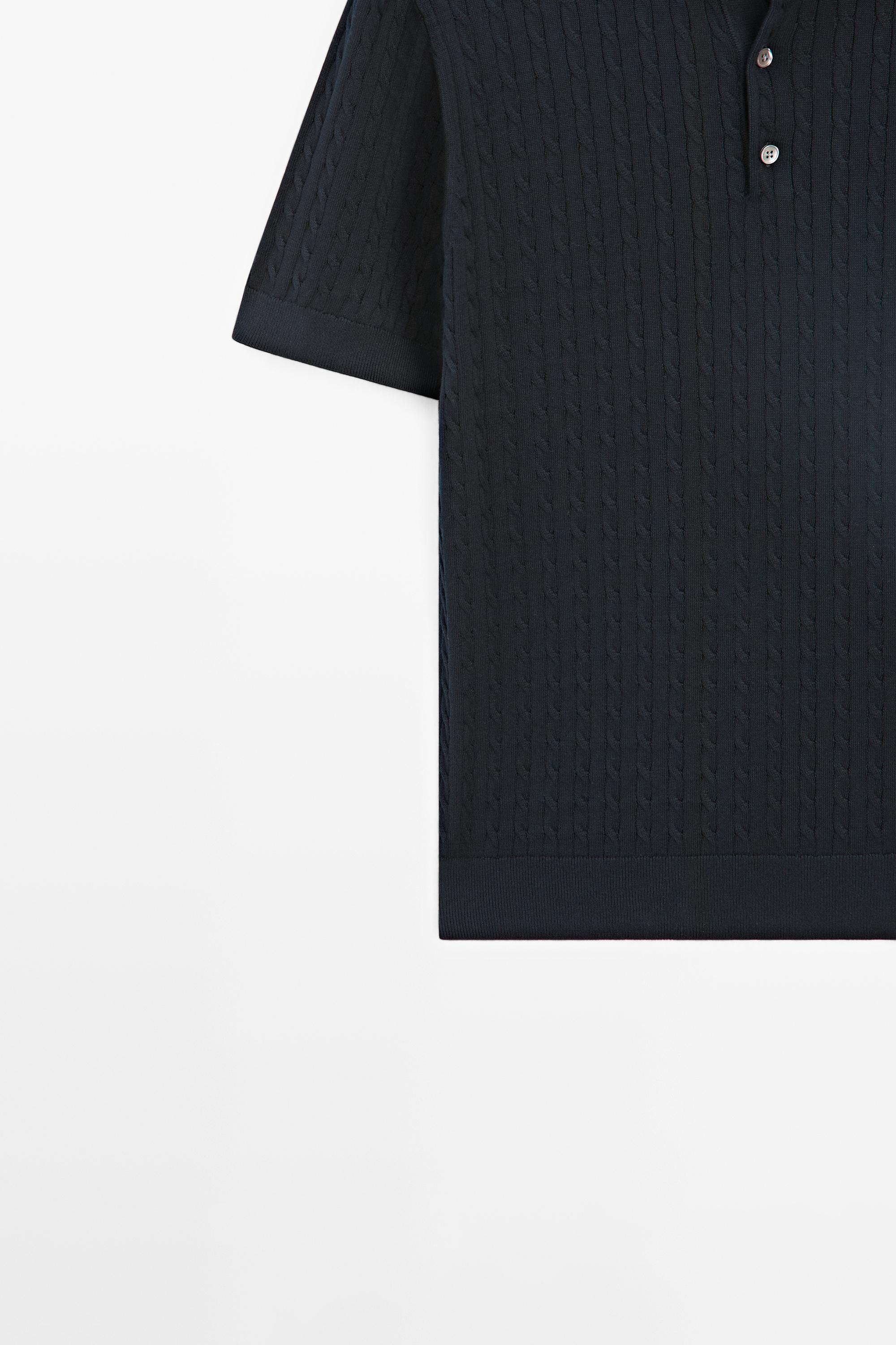 100% cotton cable-knit polo shirt — NAVY BLUE