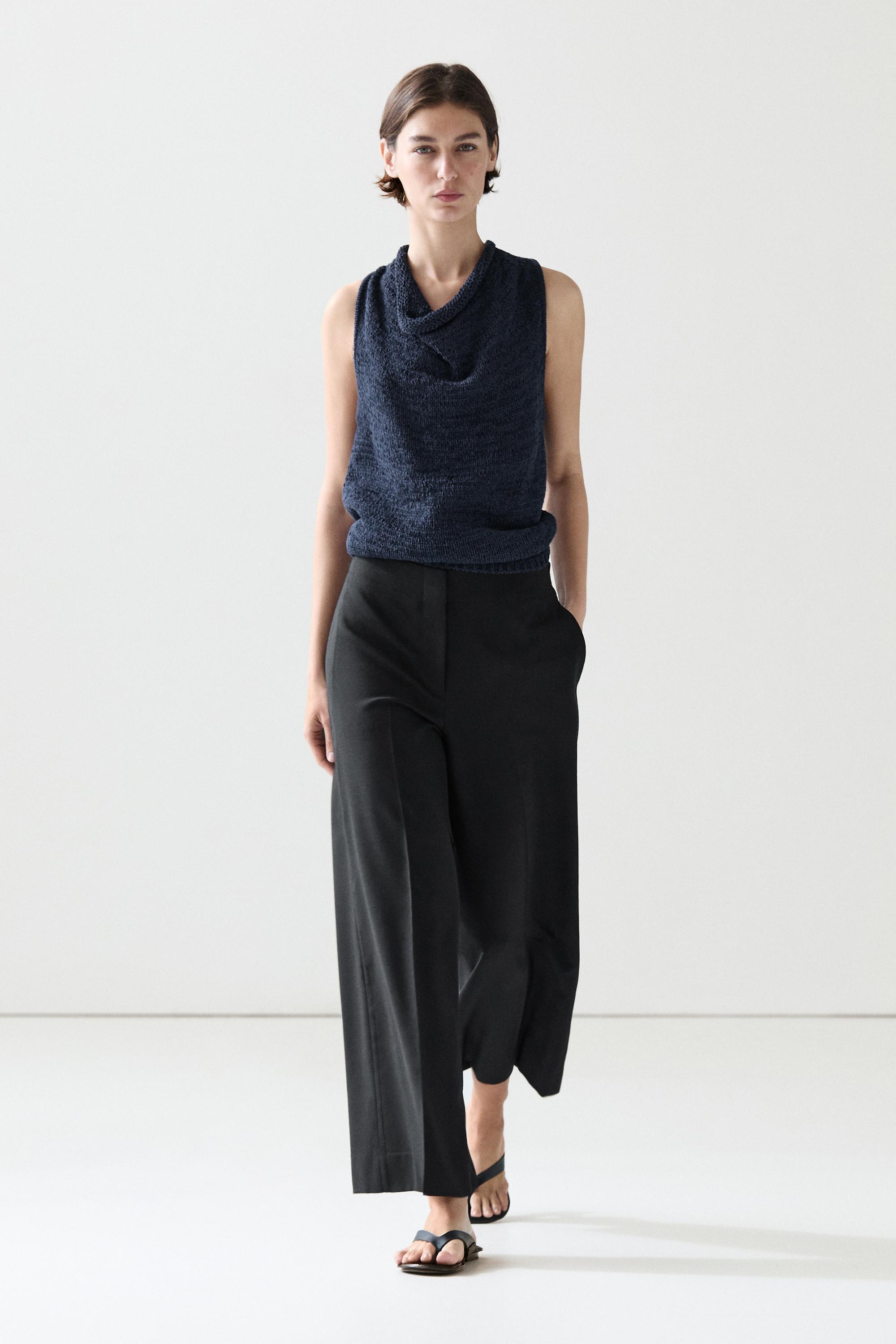 Wide-leg cropped stretch wool trousers — BLACK