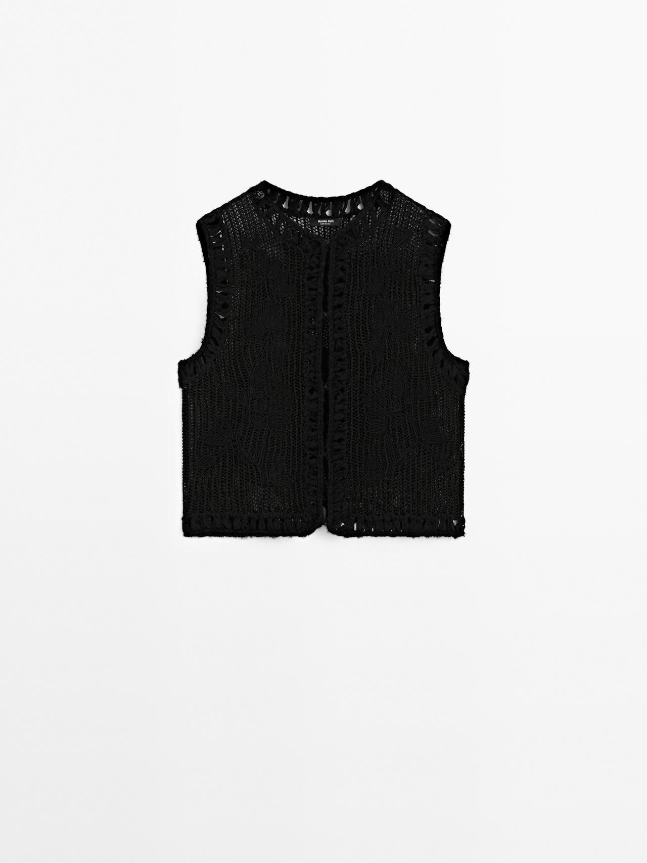 Massimo Dutti - Dame - Strikket Vest Med Broderede Detaljer - Sort - L