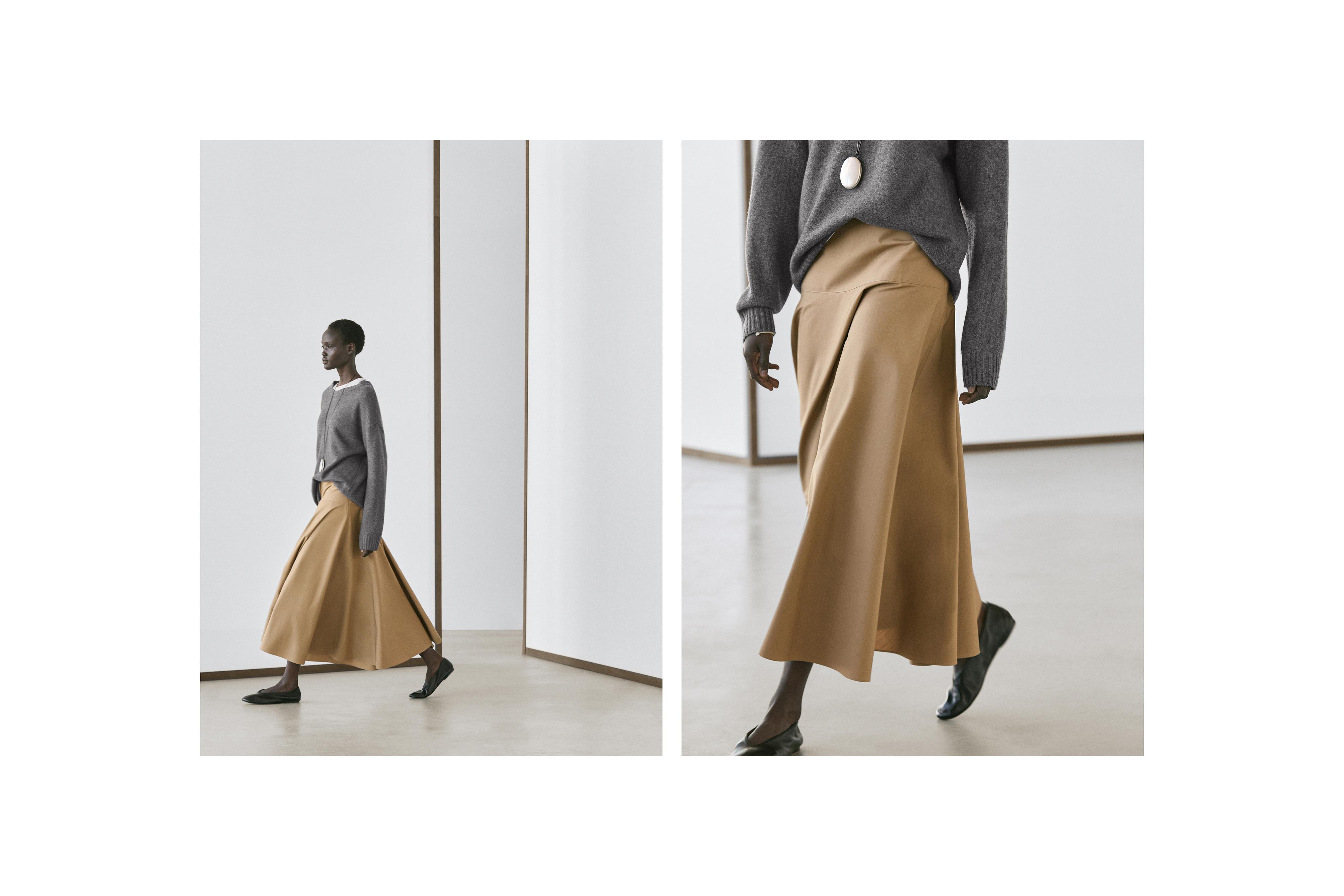Flounce midi skirt with yoke detail — CAMEL