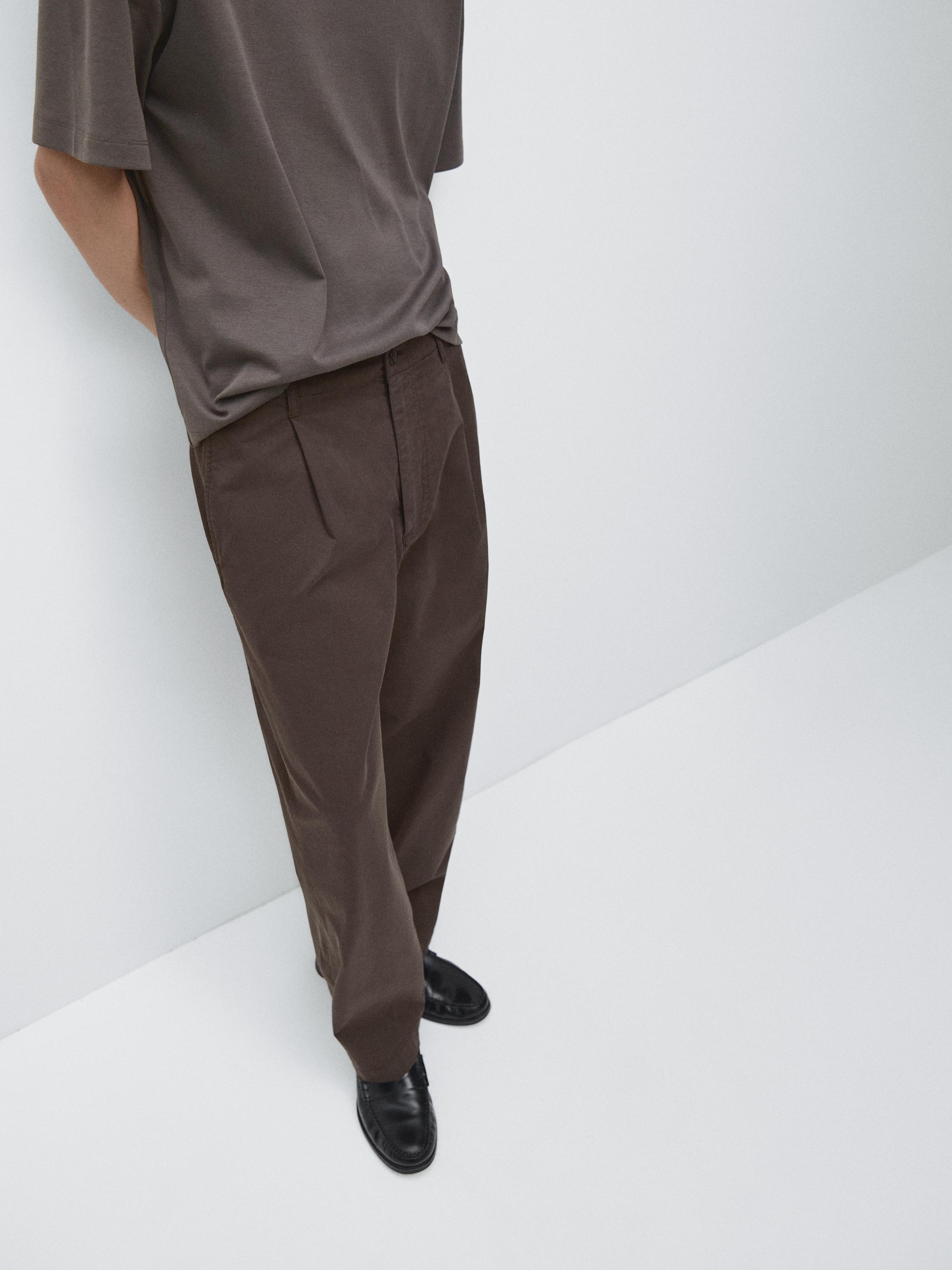 Cotton blend barrel fit trousers — BROWN