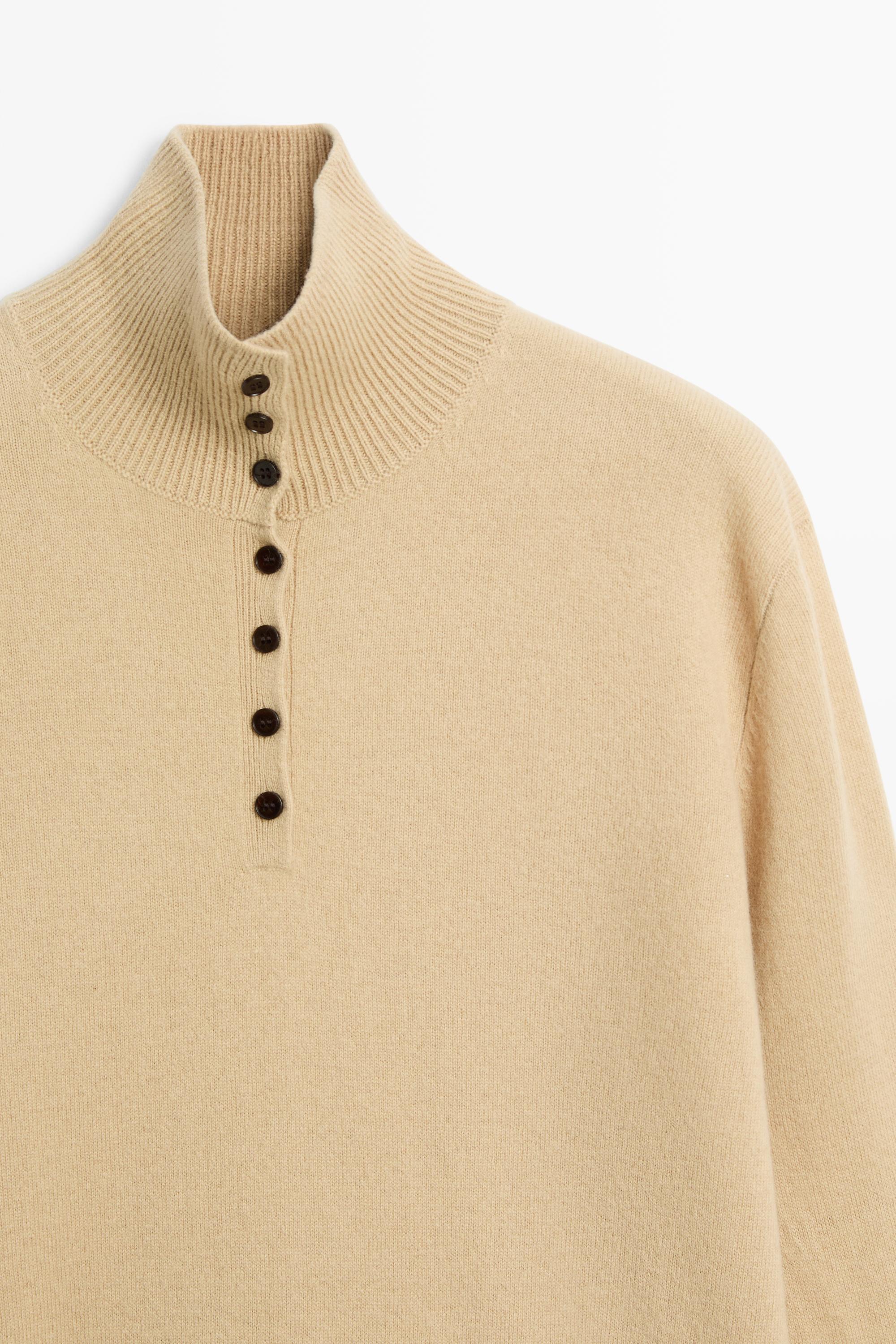 High neck knit sweater with button detail — CAMEL