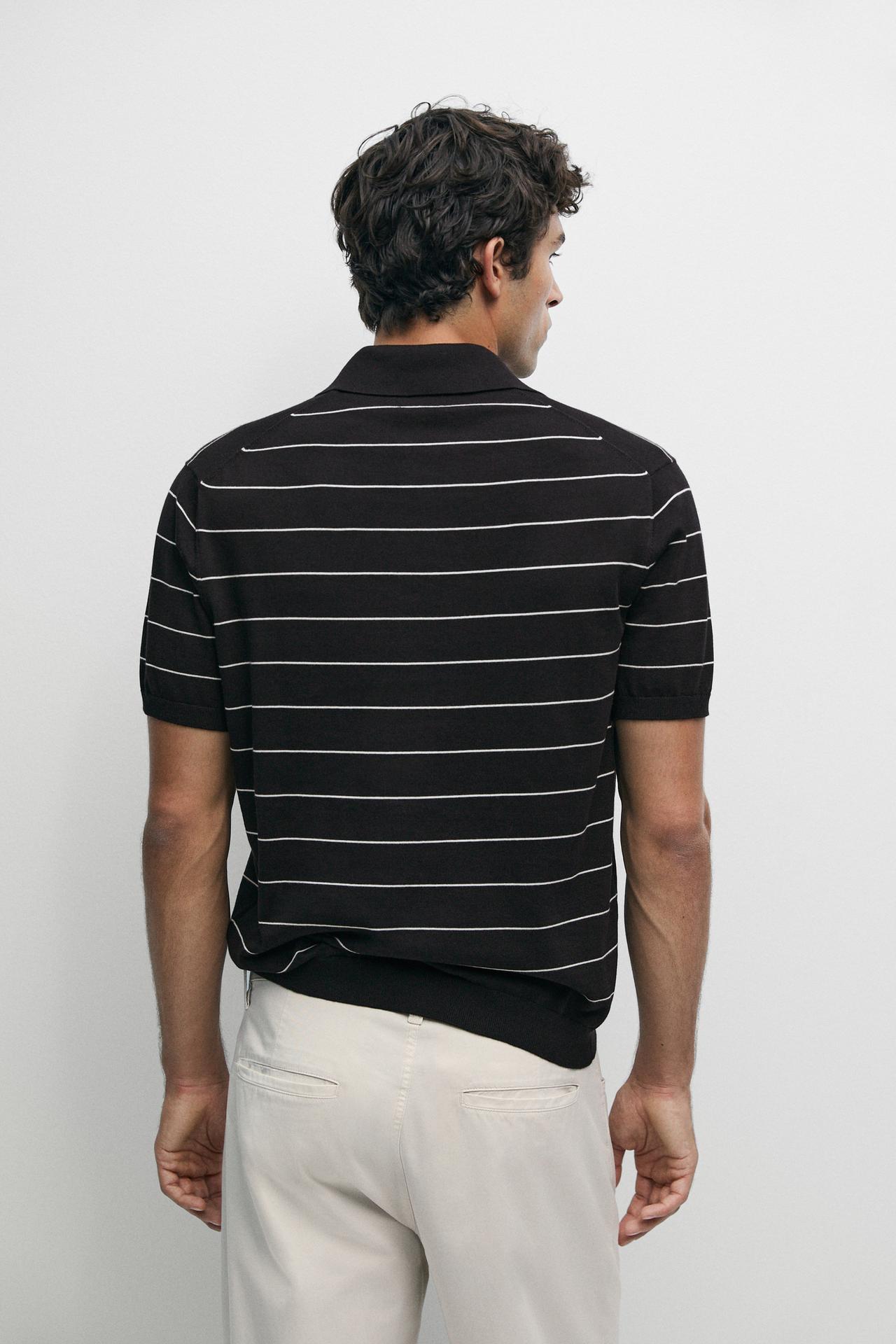 100% cotton striped knit polo sweater — NAVY BLUE