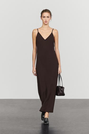 Flowing spaghetti strap midi dress — BROWN 1