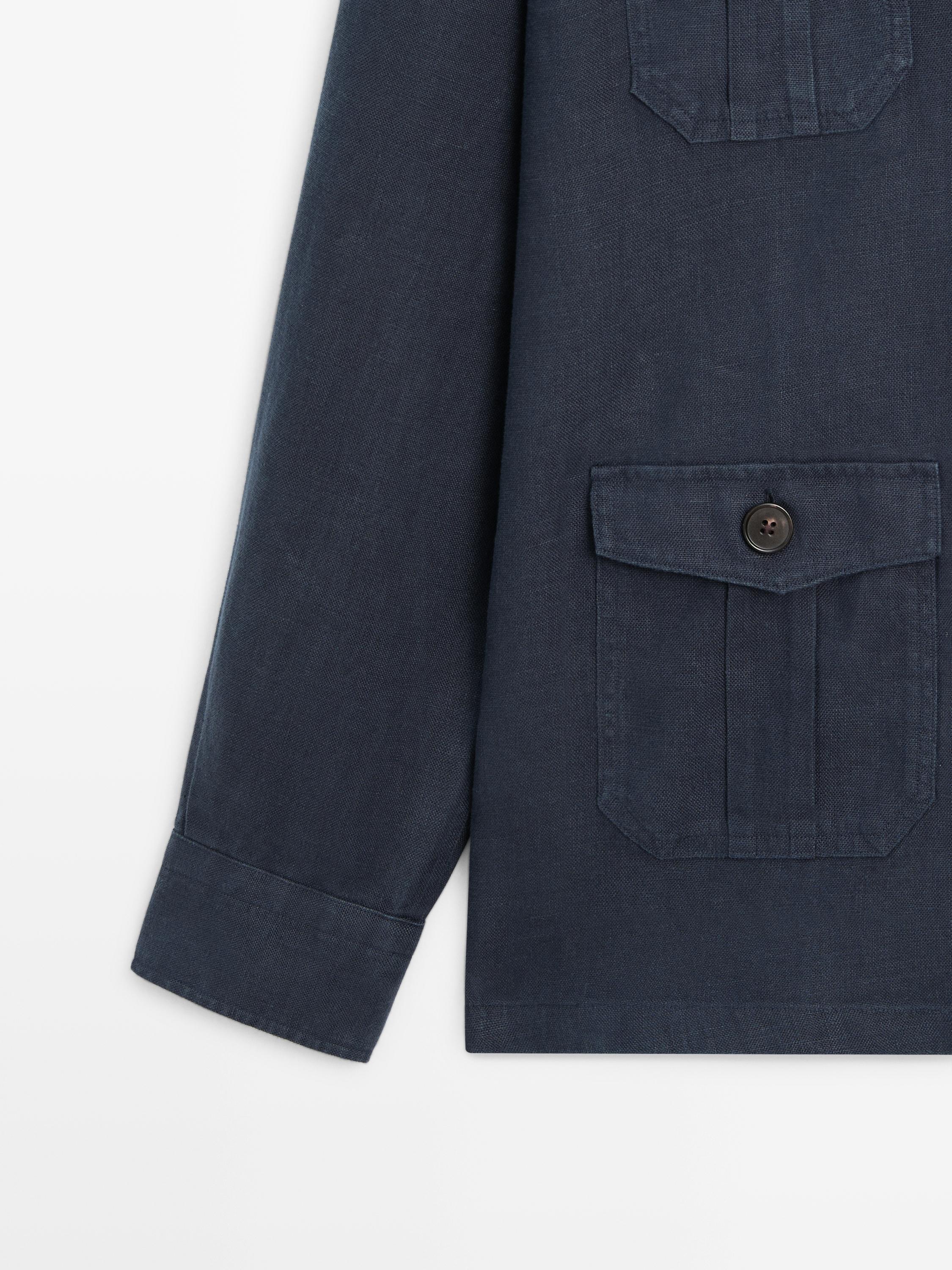 Heavy linen overshirt with pocket details — NAVY BLUE