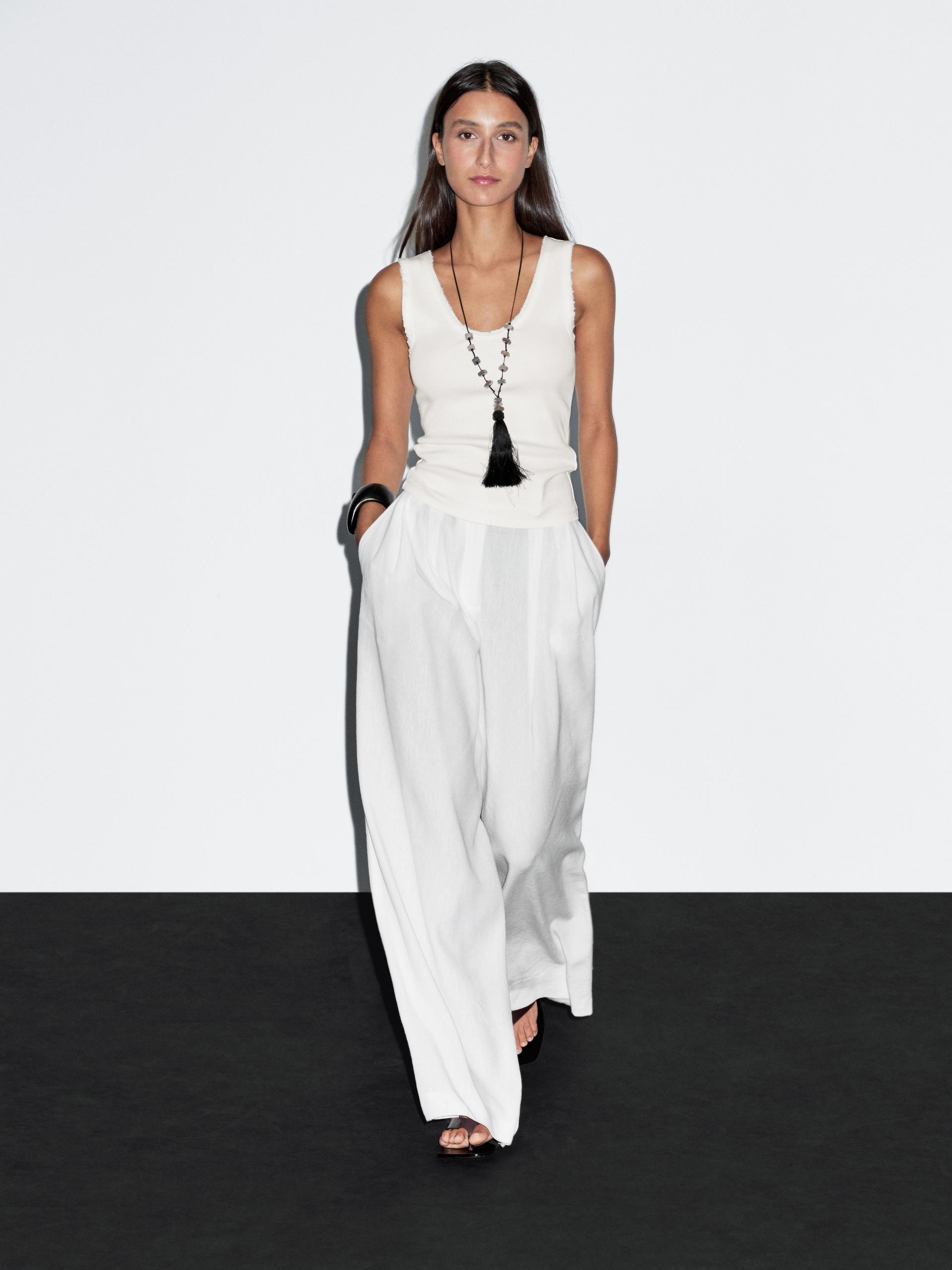 Top Avec Liseré Effiloché En Coton Mélangé - Cru - Xl - Massimo Dutti - Femme