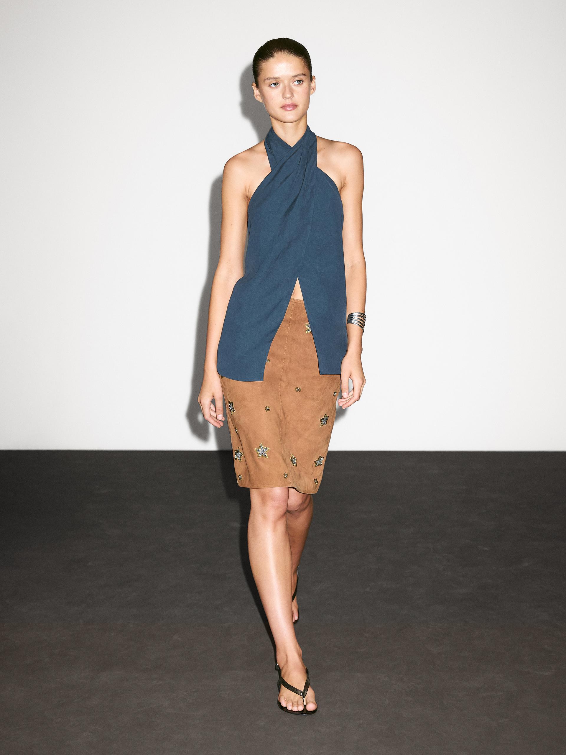 Gonna In Pelle Scamosciata Con Dettaglio Di Strass - Cammello - L - Massimo Dutti - Femminile