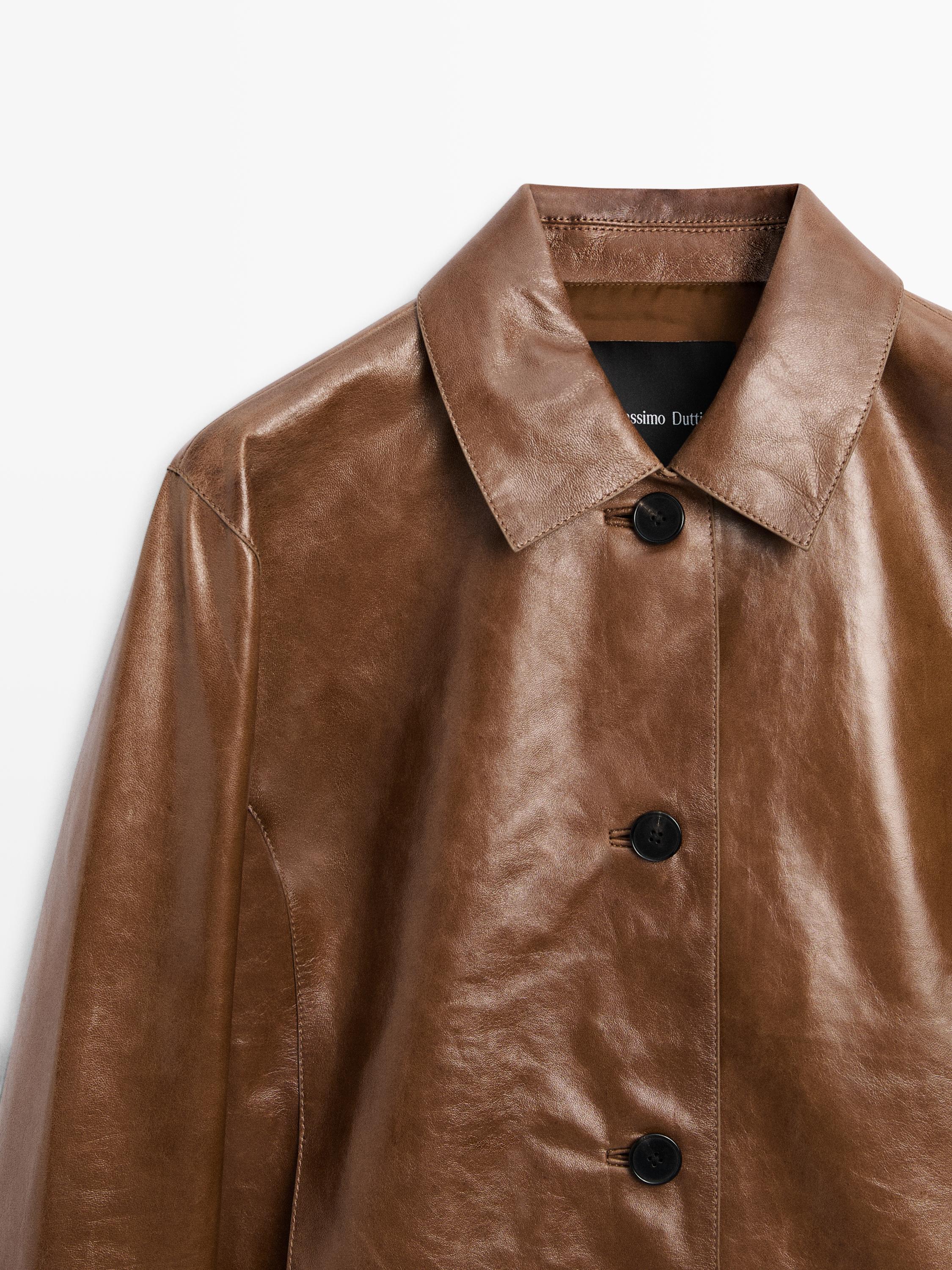 Cropped nappa leather jacket — CAMEL