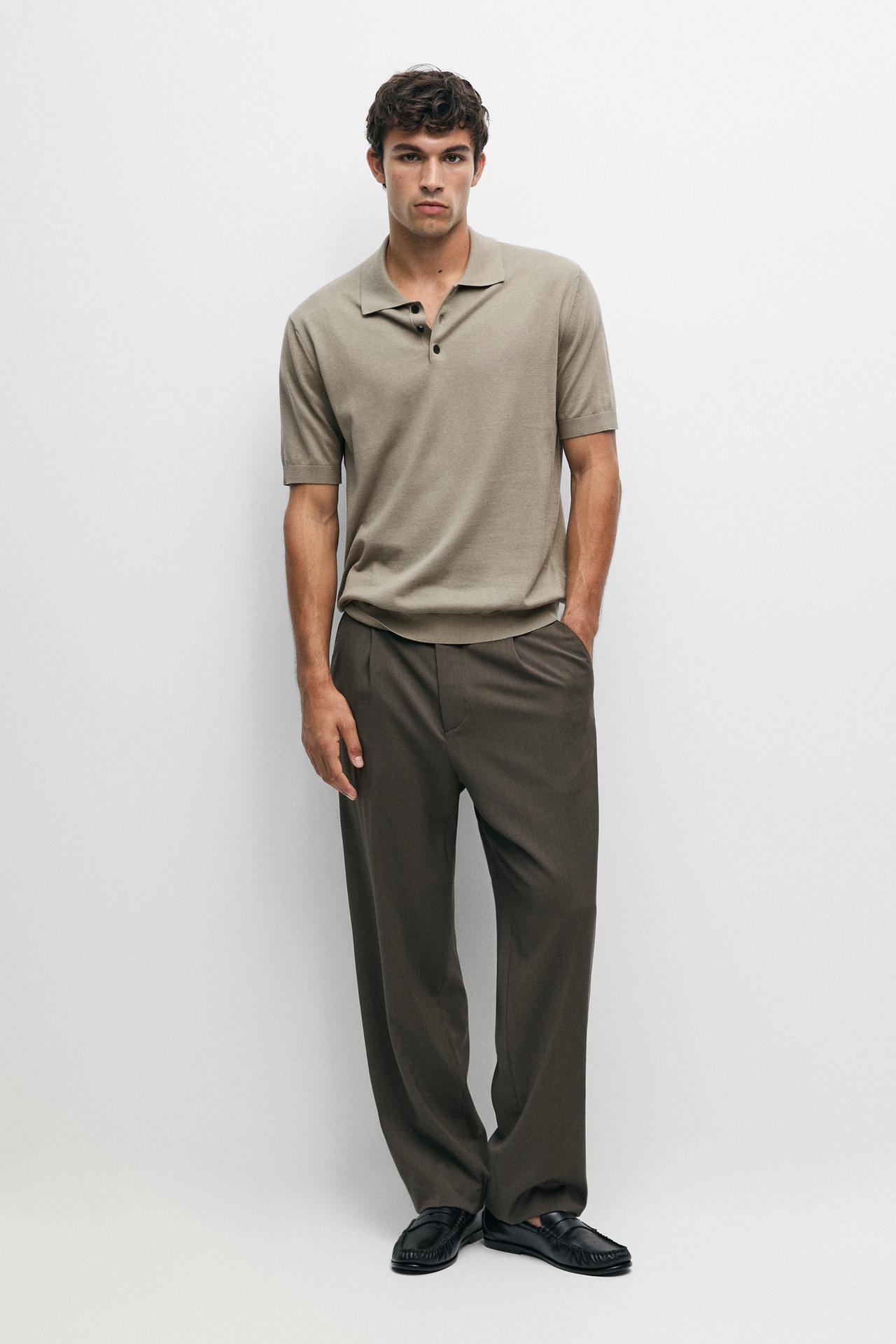 100% cotton knit short sleeve polo shirt — PALE KHAKI
