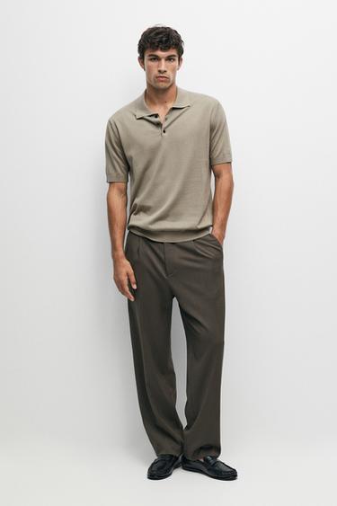 100% cotton knit short sleeve polo shirt — PALE KHAKI 1