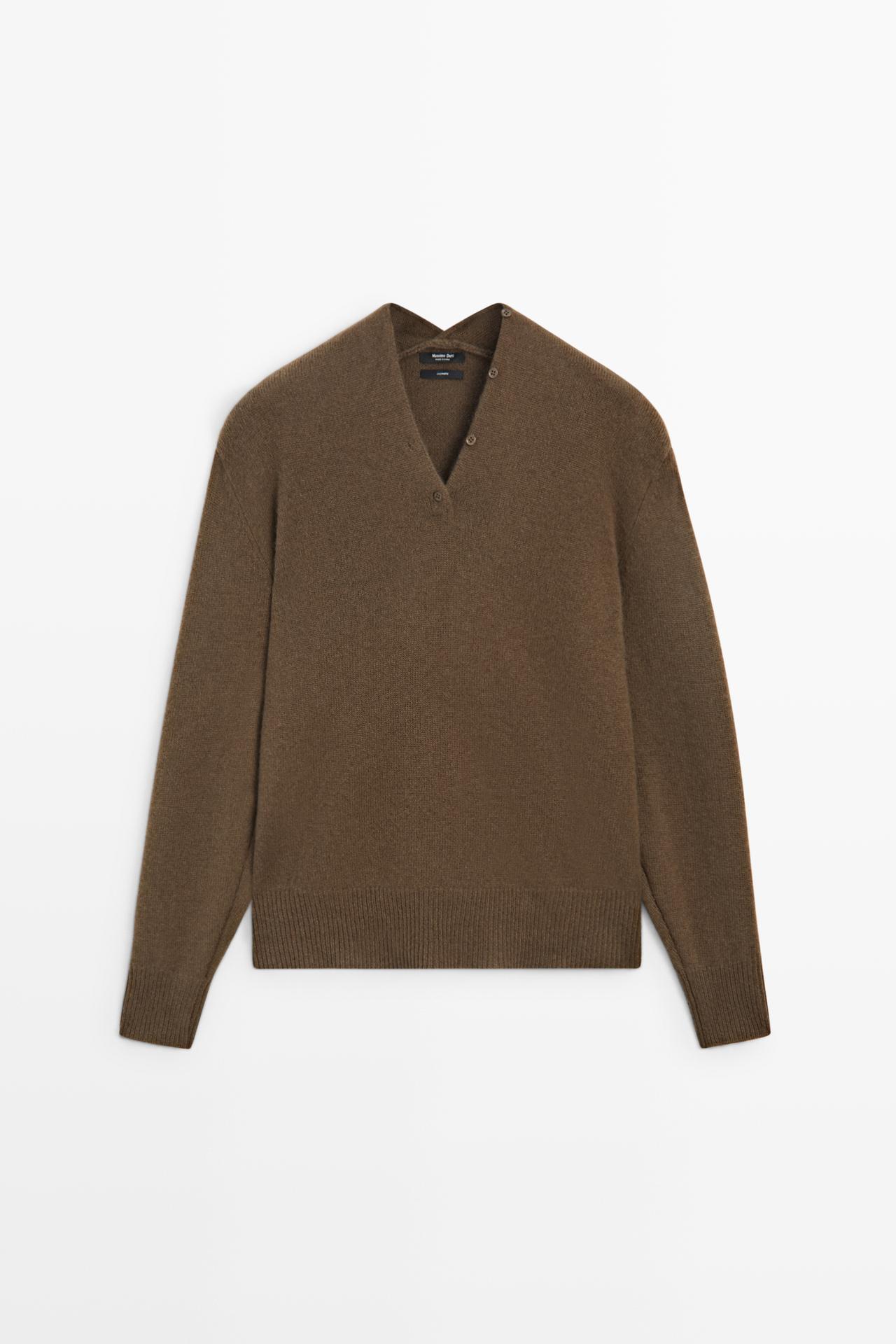 100% cashmere knit sweater with button detail — BROWN MARL