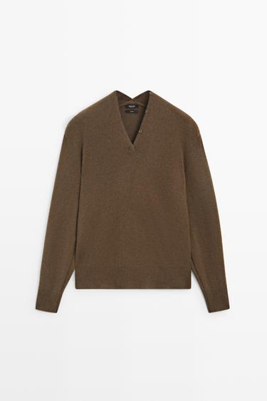 100% cashmere knit sweater with button detail — BROWN MARL 2