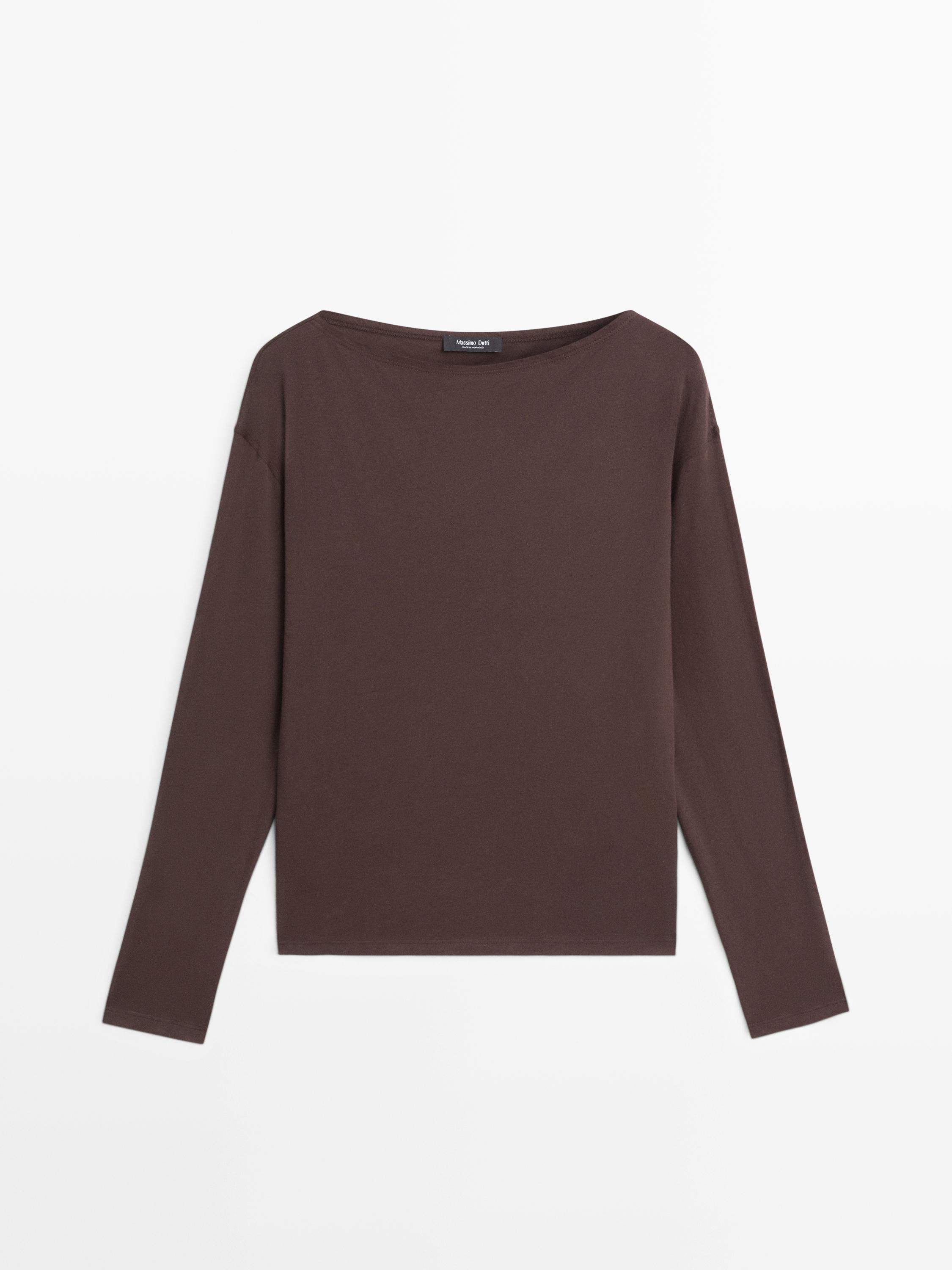 100% cotton boat neck T-shirt — BROWN