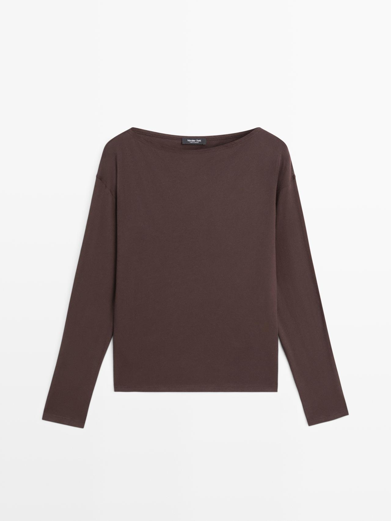Massimo Dutti - Dame - T-Shirt I 100 % Bomuld Med Bådudskæring - Brun - Xs