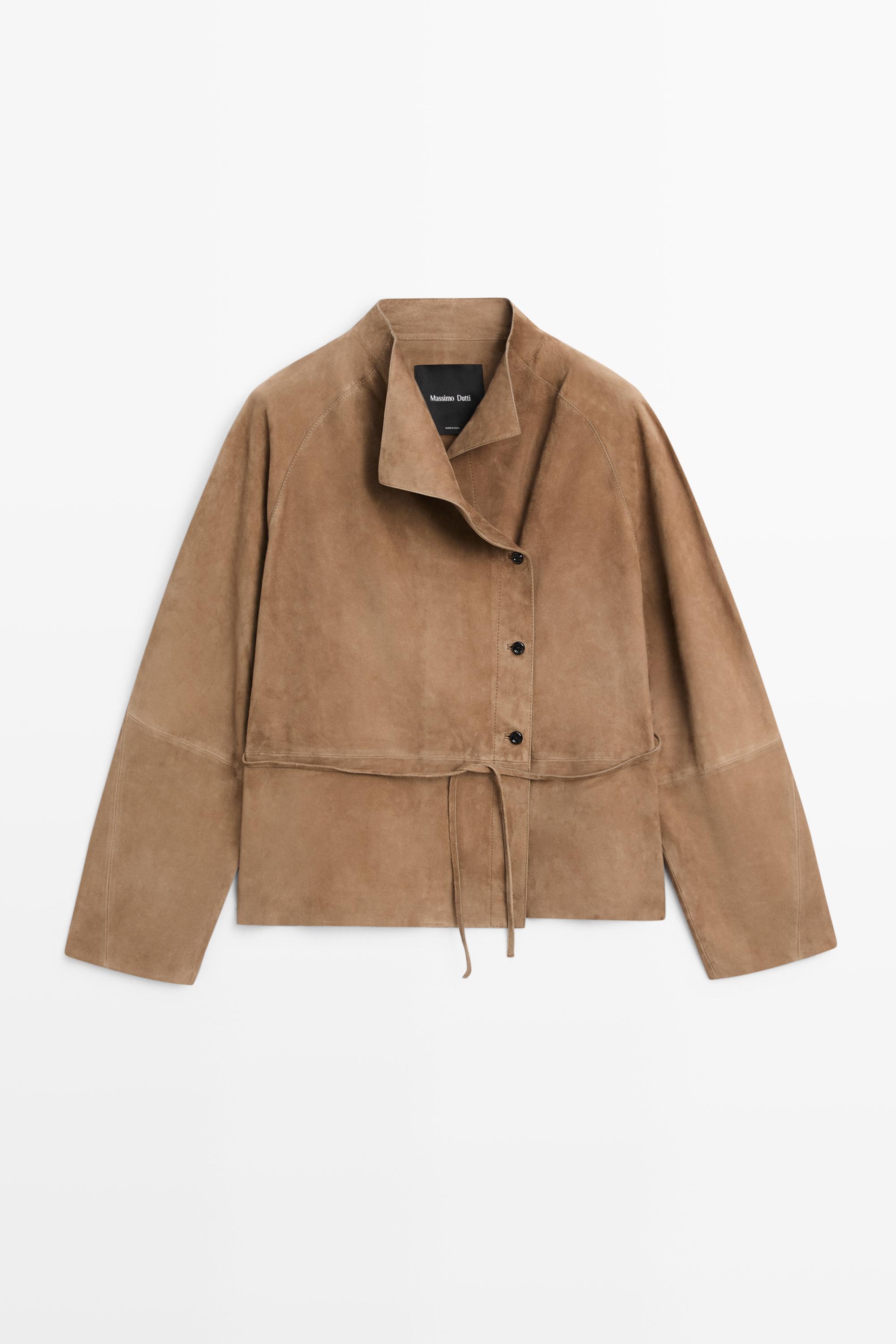 Suede leather jacket with drawstring — SAND