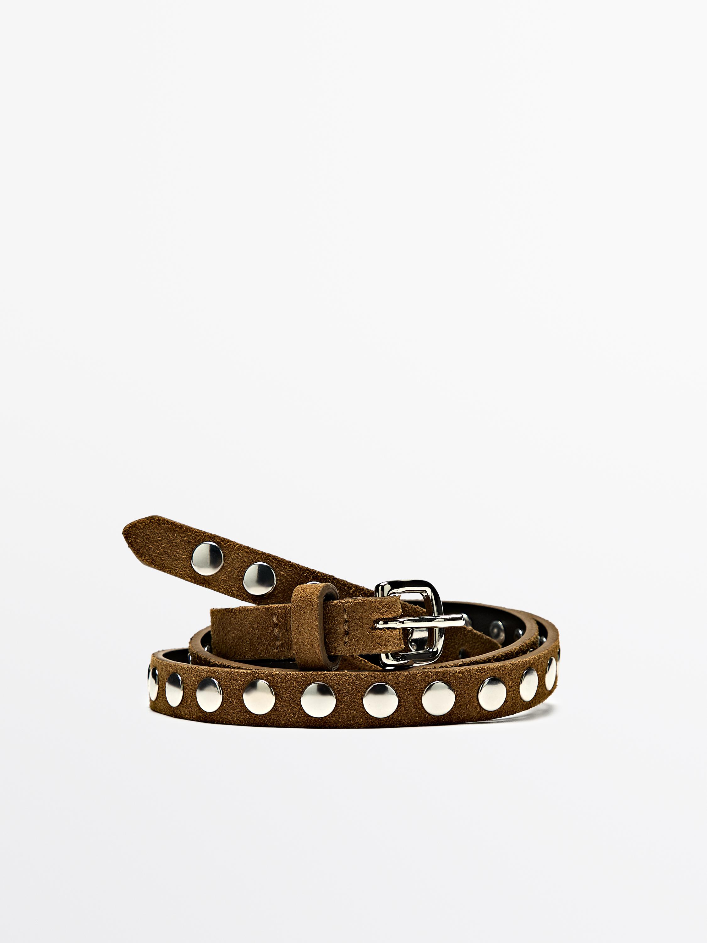 Thin leather belt with studs