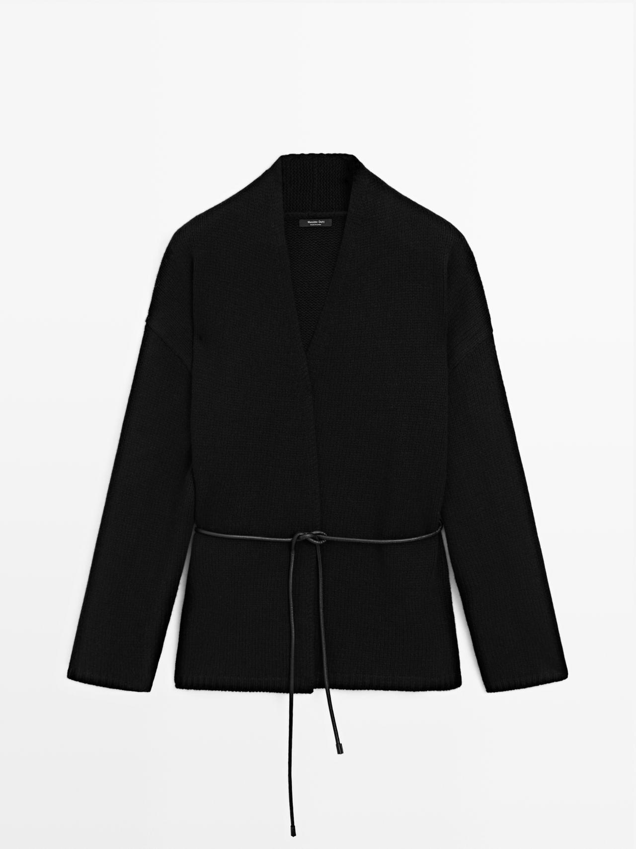Massimo Dutti - Dame - Lang Cardigan I Strik Med Bælte - Sort - L