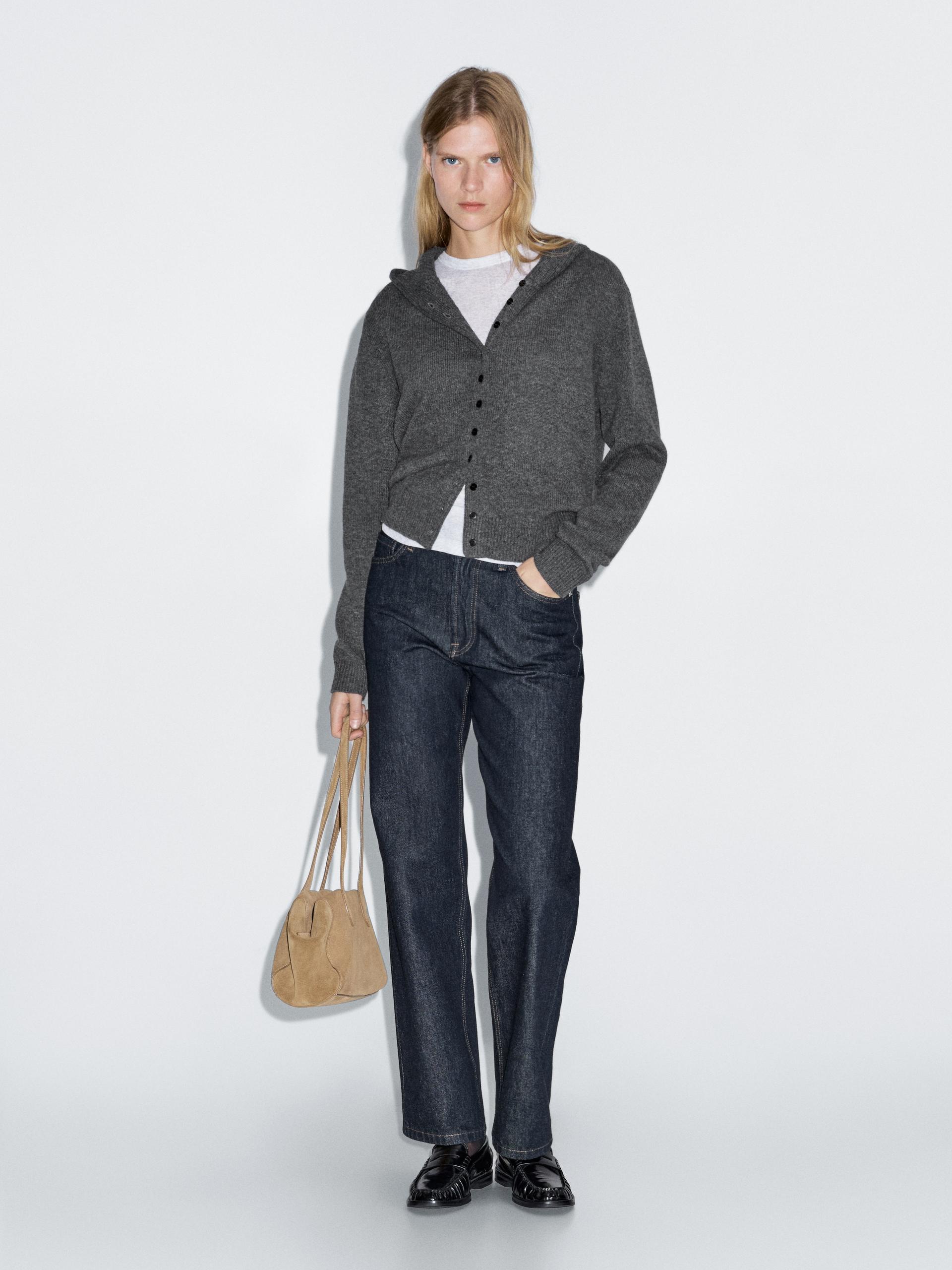 Cardigan À Capuche 100 % Laine - Gris Anthracite - S - Massimo Dutti - Femme