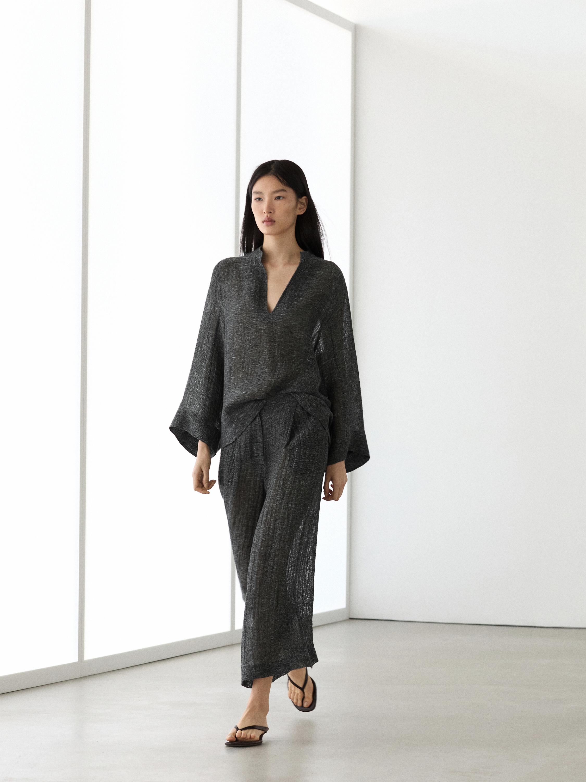 Linen blend melange darted pants — GREY